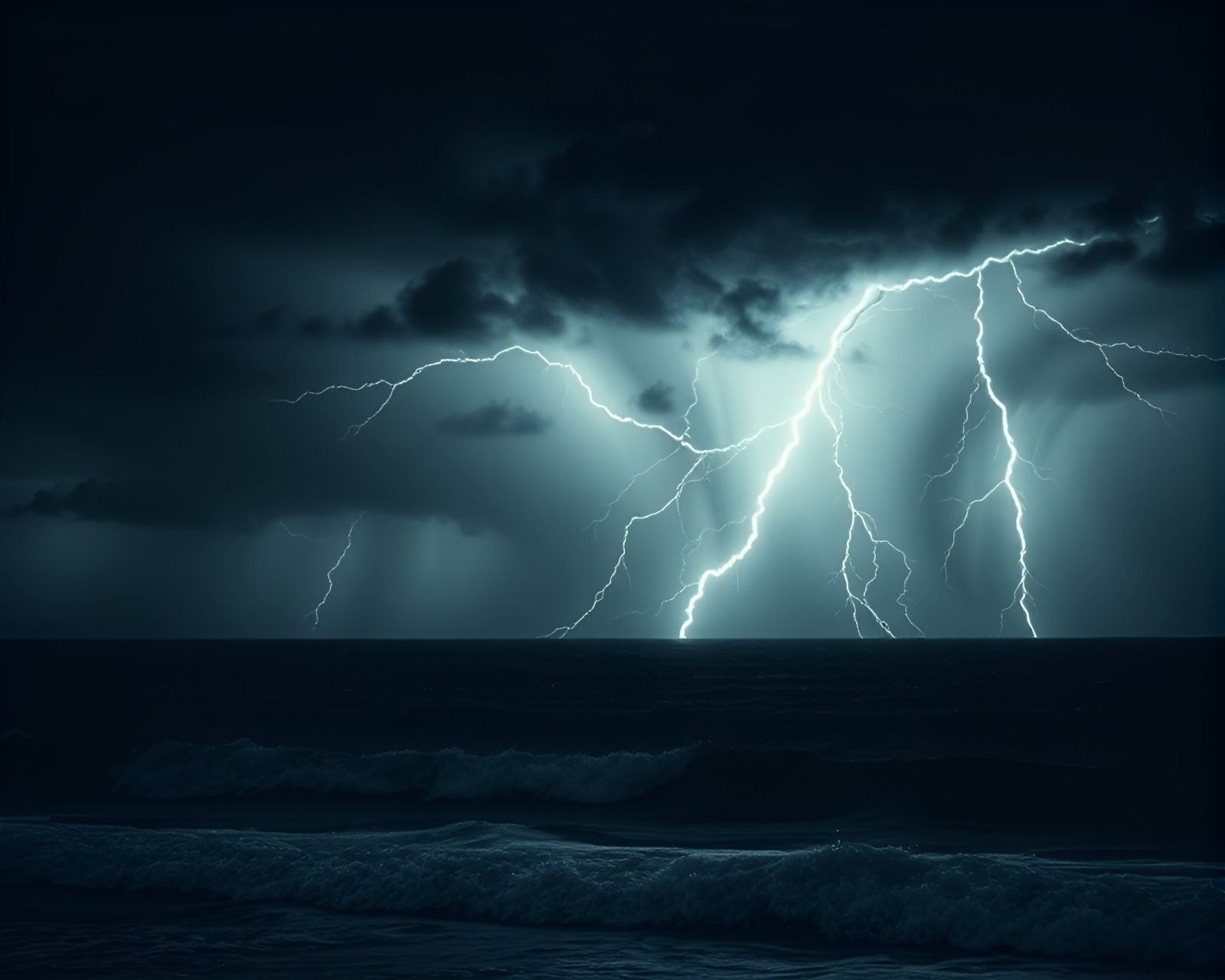 Film noir style image of thunderstorm over desaturated ocean