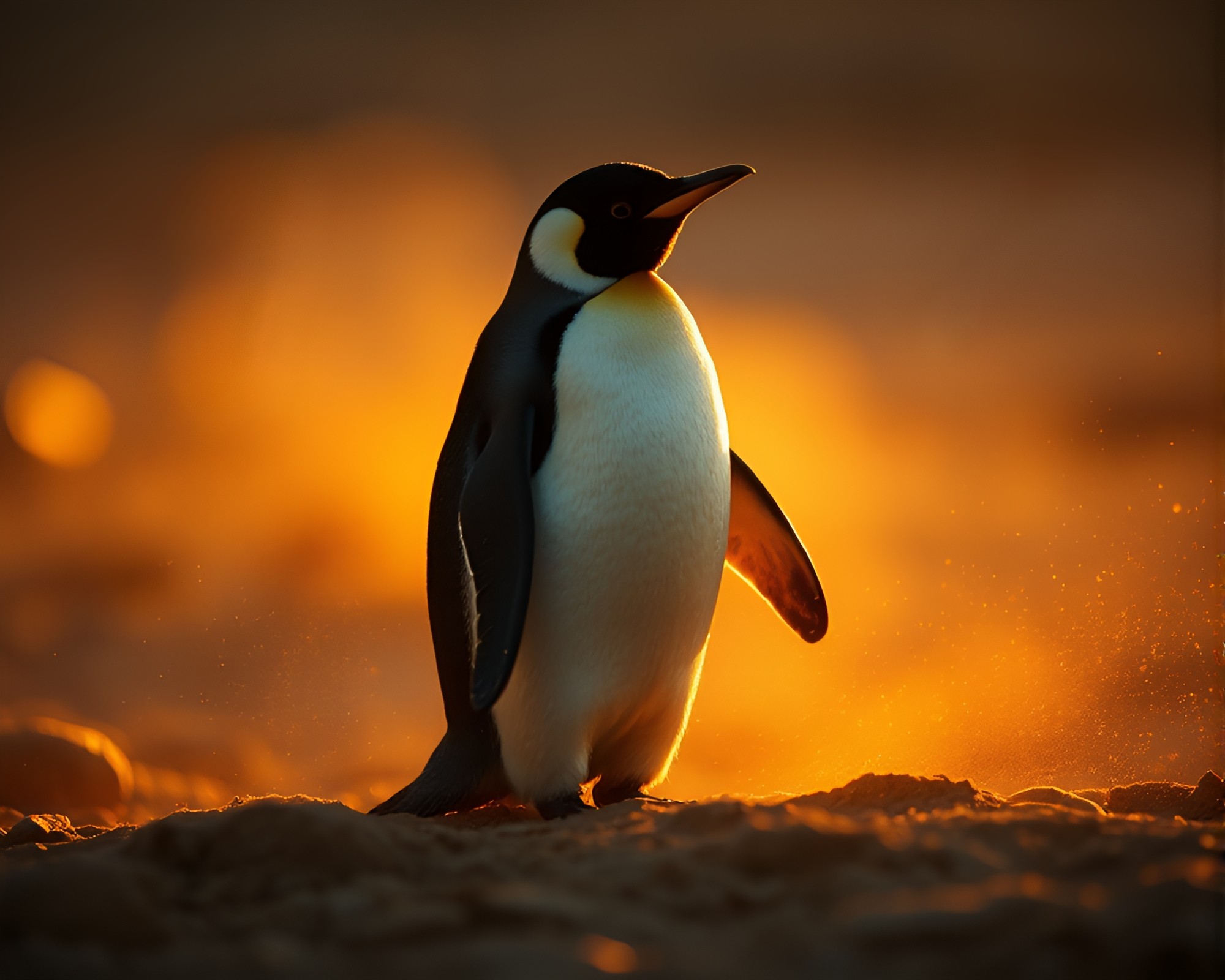 Enchanting Penguin in Golden Dust at Sunset – free AI stock image