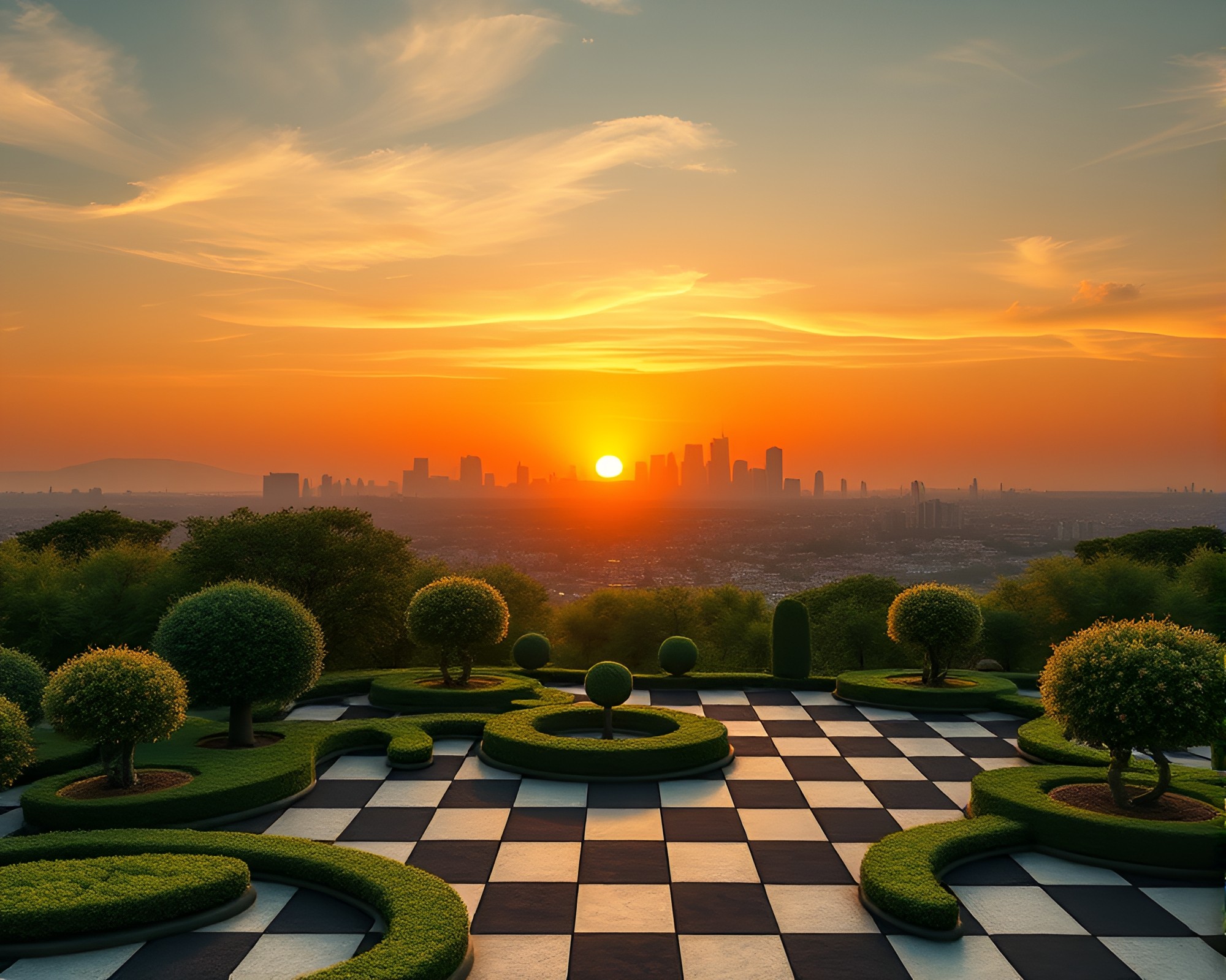 Zen Garden Sunset in Bio-Organic Checkered Harmony – free AI stock image
