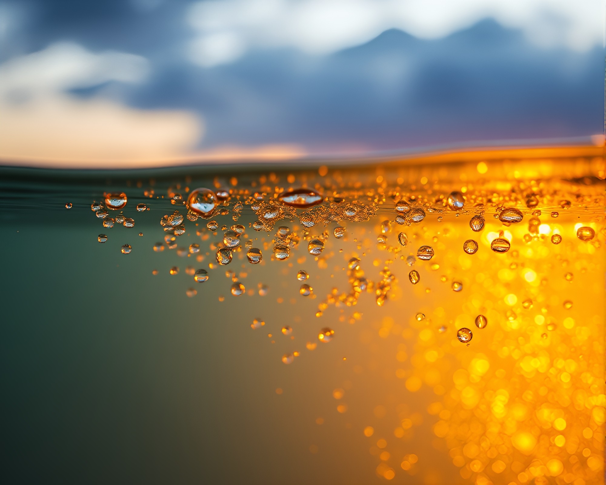 Submersed beads in morning light thru wet glass – free AI stock image