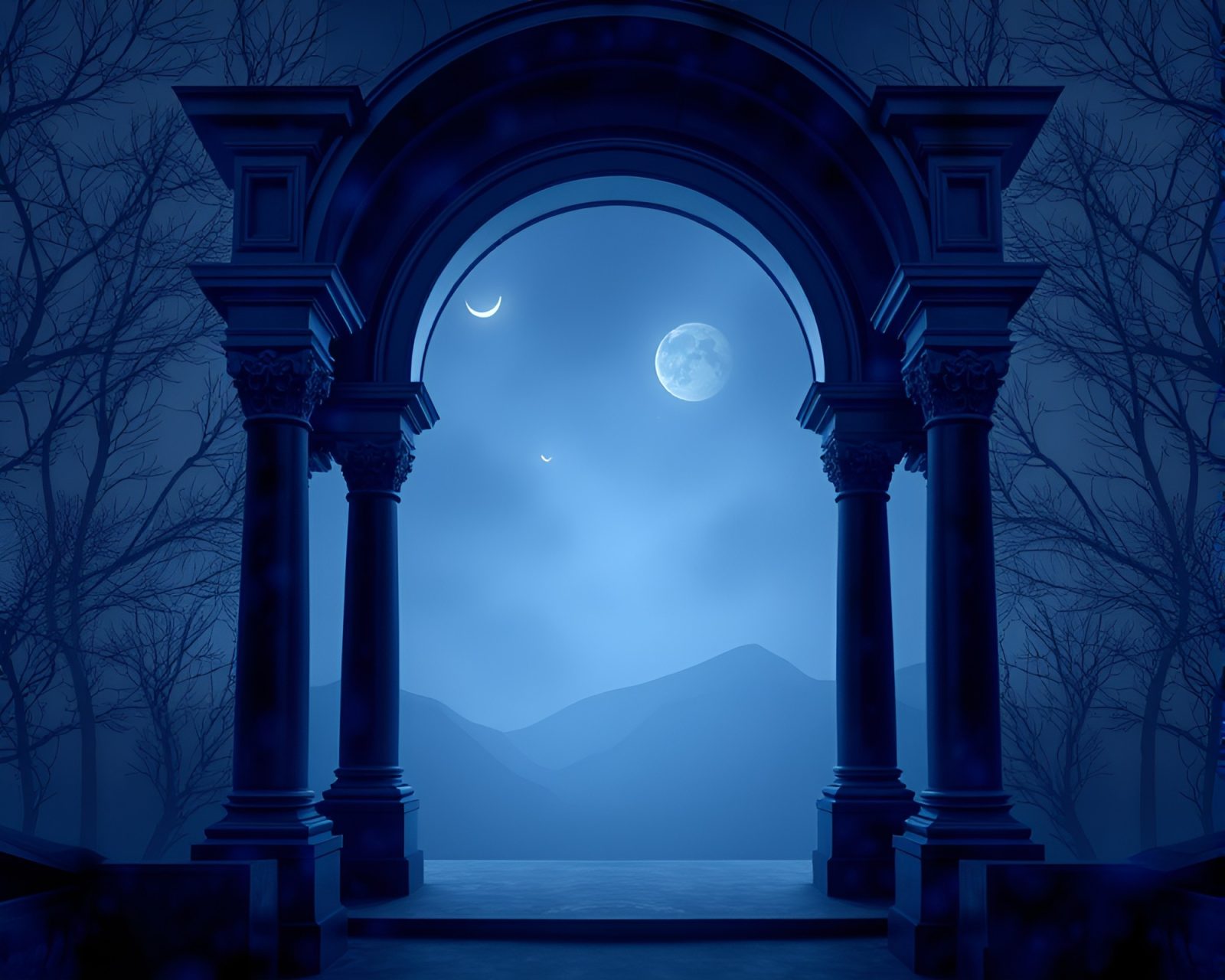 Illustration of a mystical nymph in an indigo-lit architectural frame