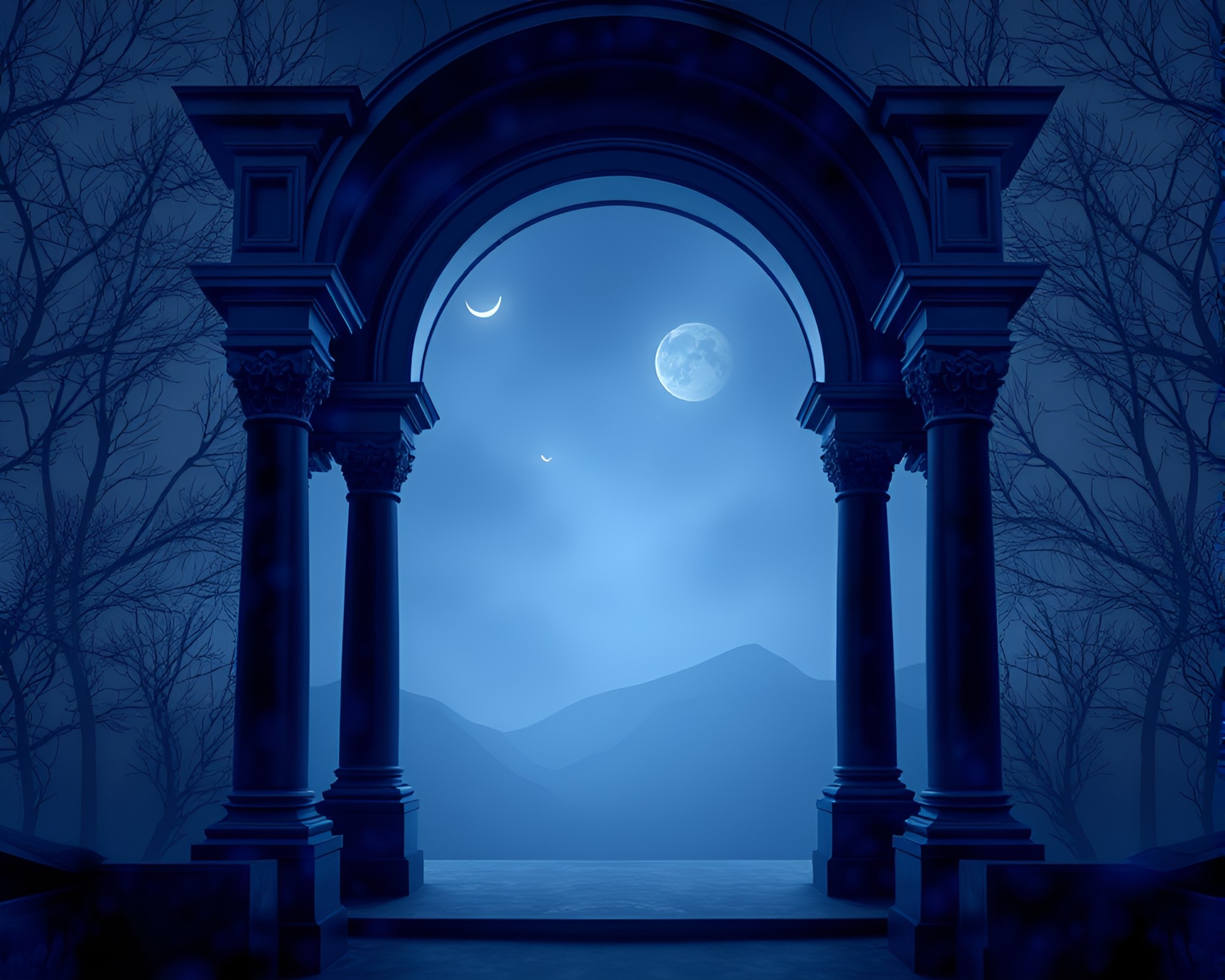 Enchanted Nymph Framed in Indigo Architectural Mystery – free AI stock image