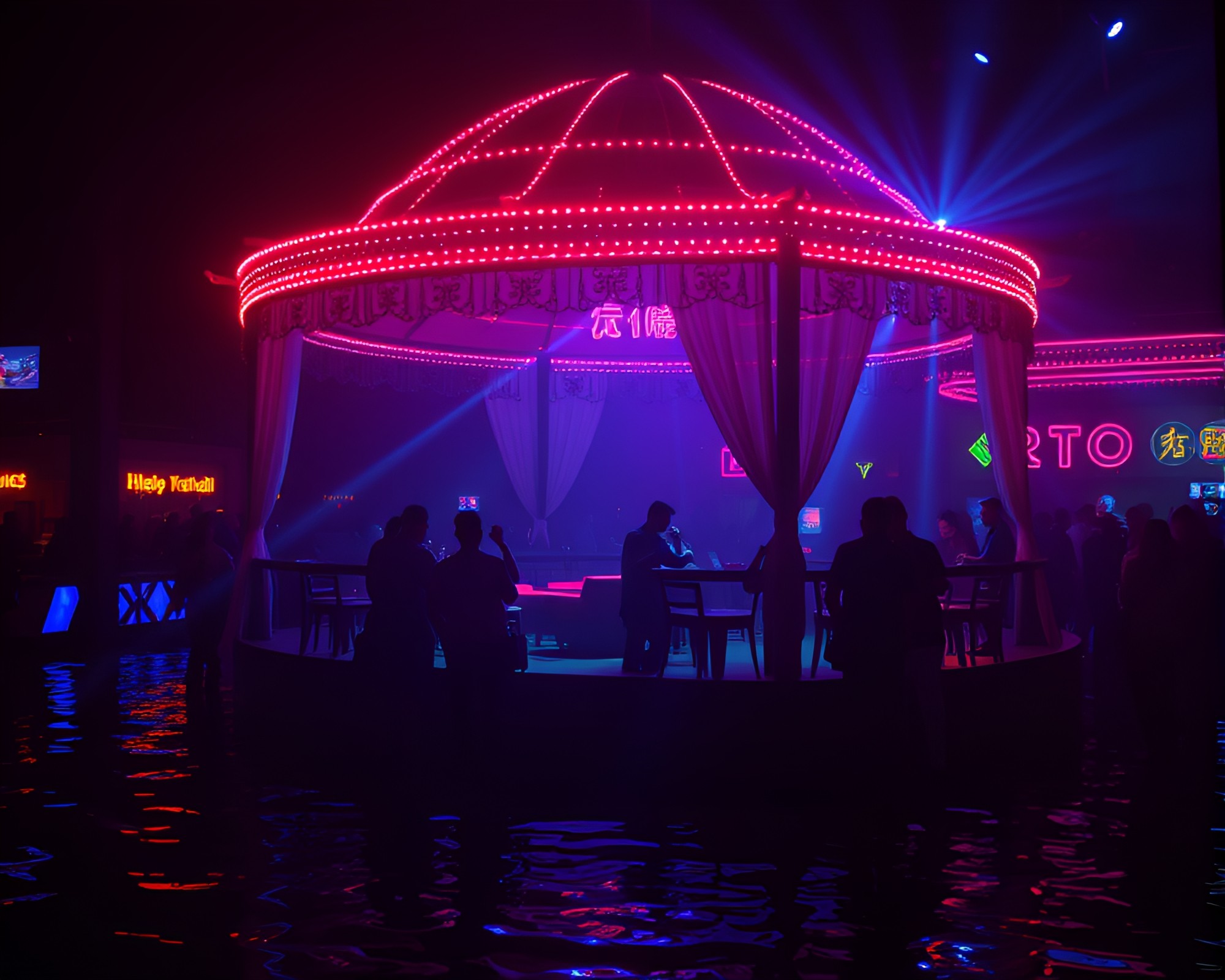 Neon Floating Pavilion Bathed in Strobe Lights – free AI stock image