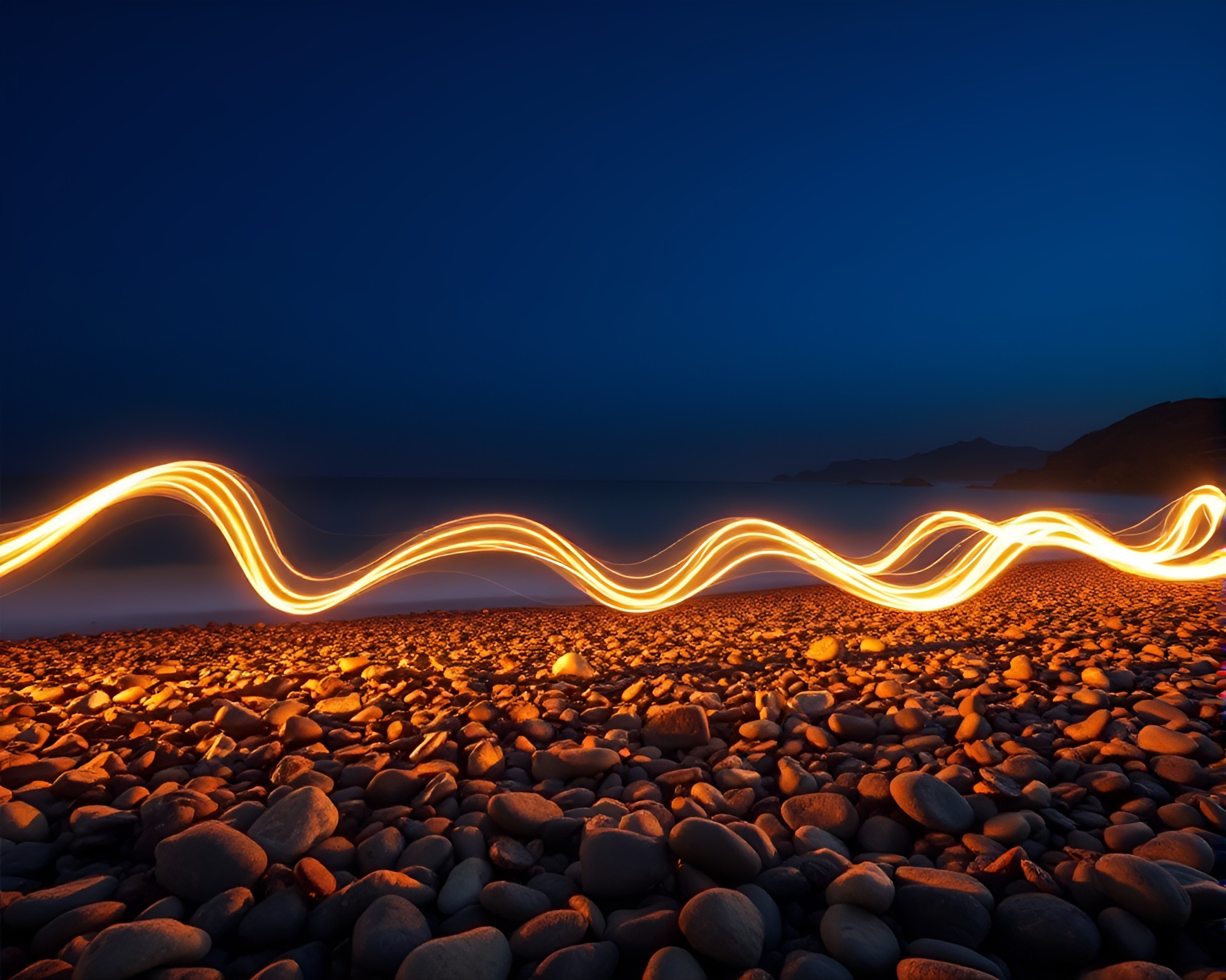 Solar Flare Glow on LED Pebble Beach Art – free AI stock image