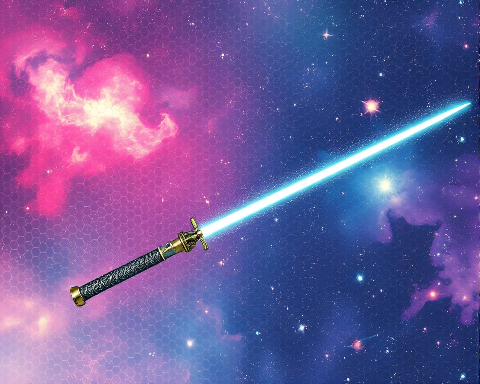 Abstract trompe-l'oeil image of laser sword amidst swirling cosmic dust