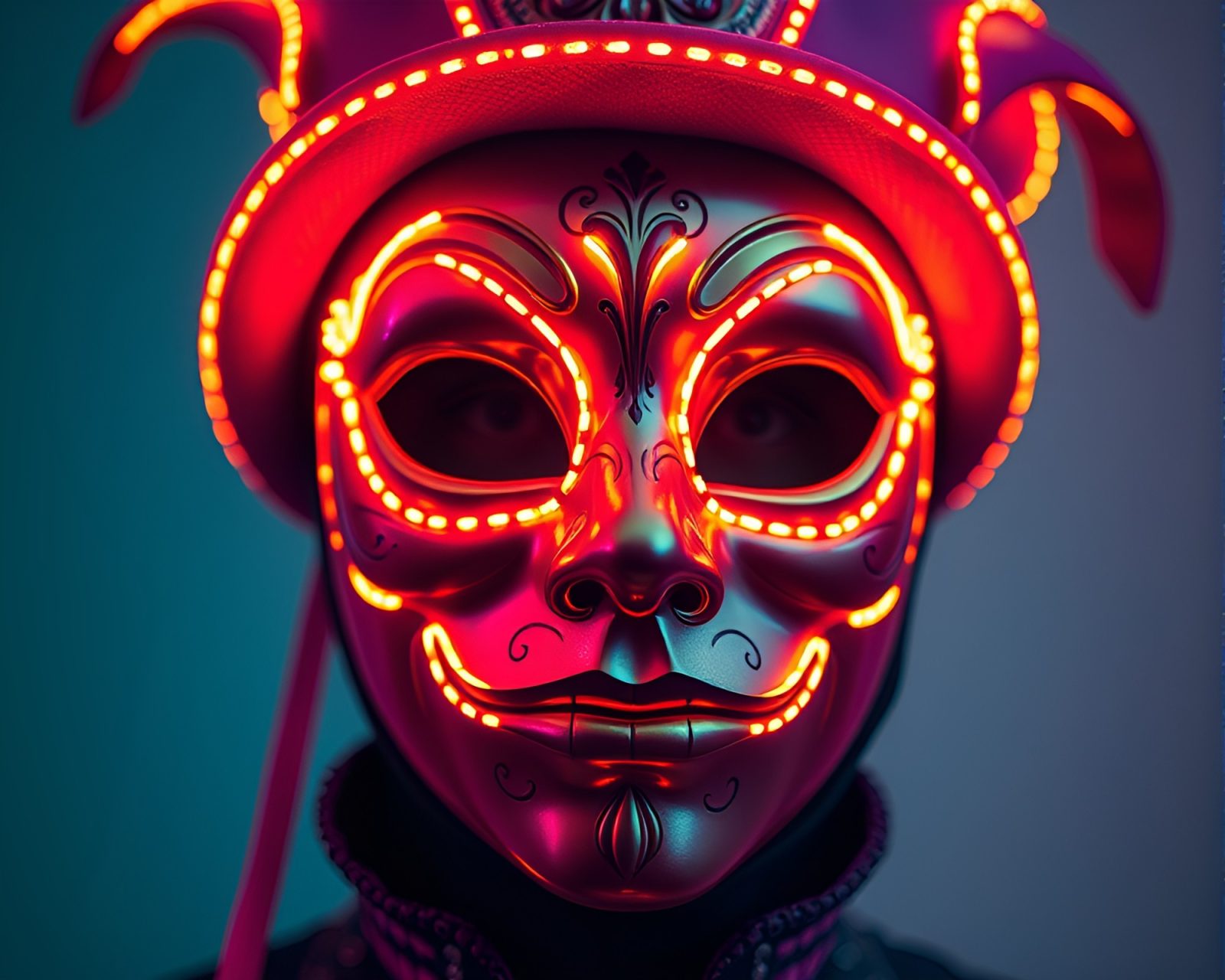 An electrifying Venetian mask glowing with neon colors.