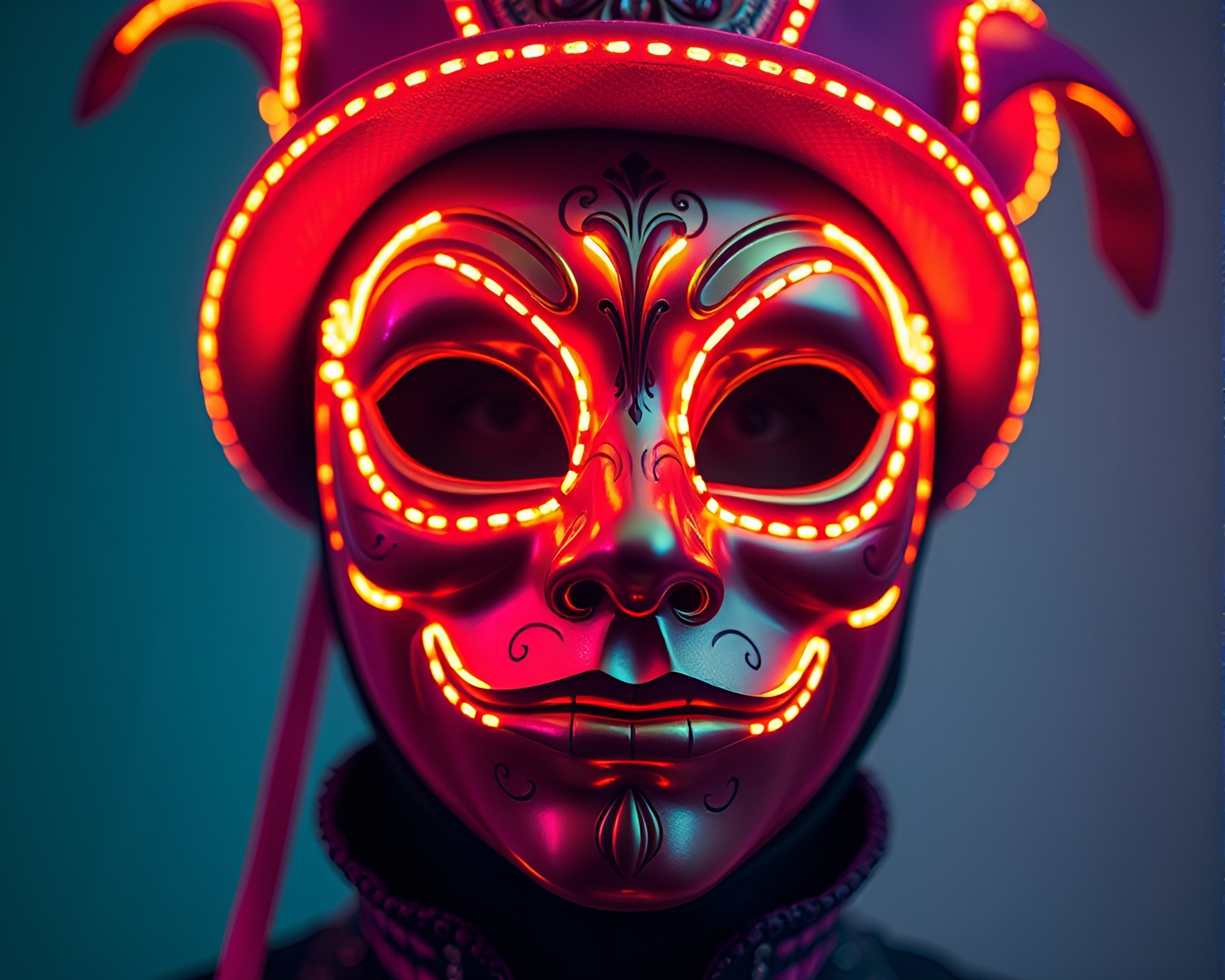 Neon Venetian Mask in Tight Crop Composition – free AI stock image