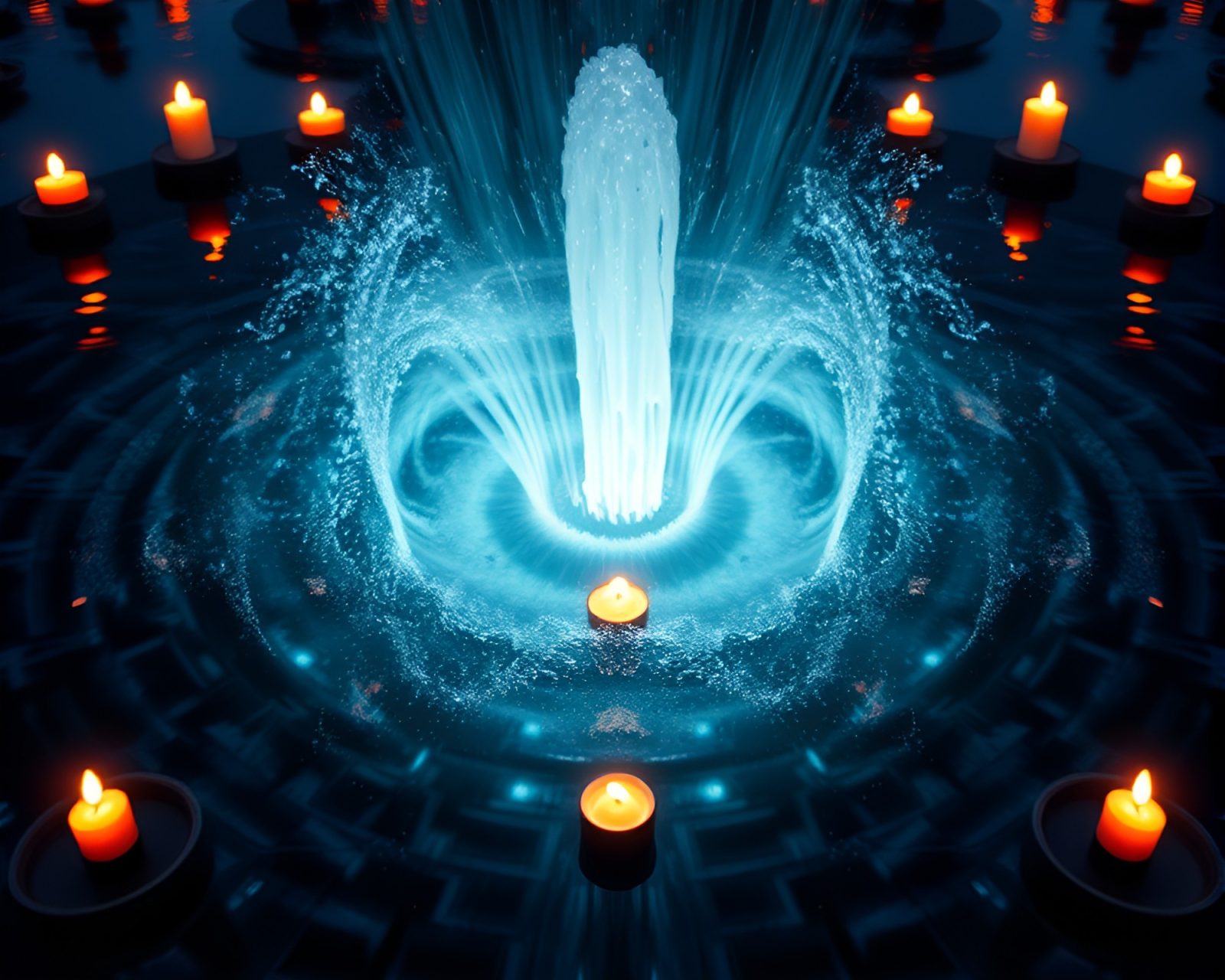 Mystical water vortex with intricate patterns under candlelight