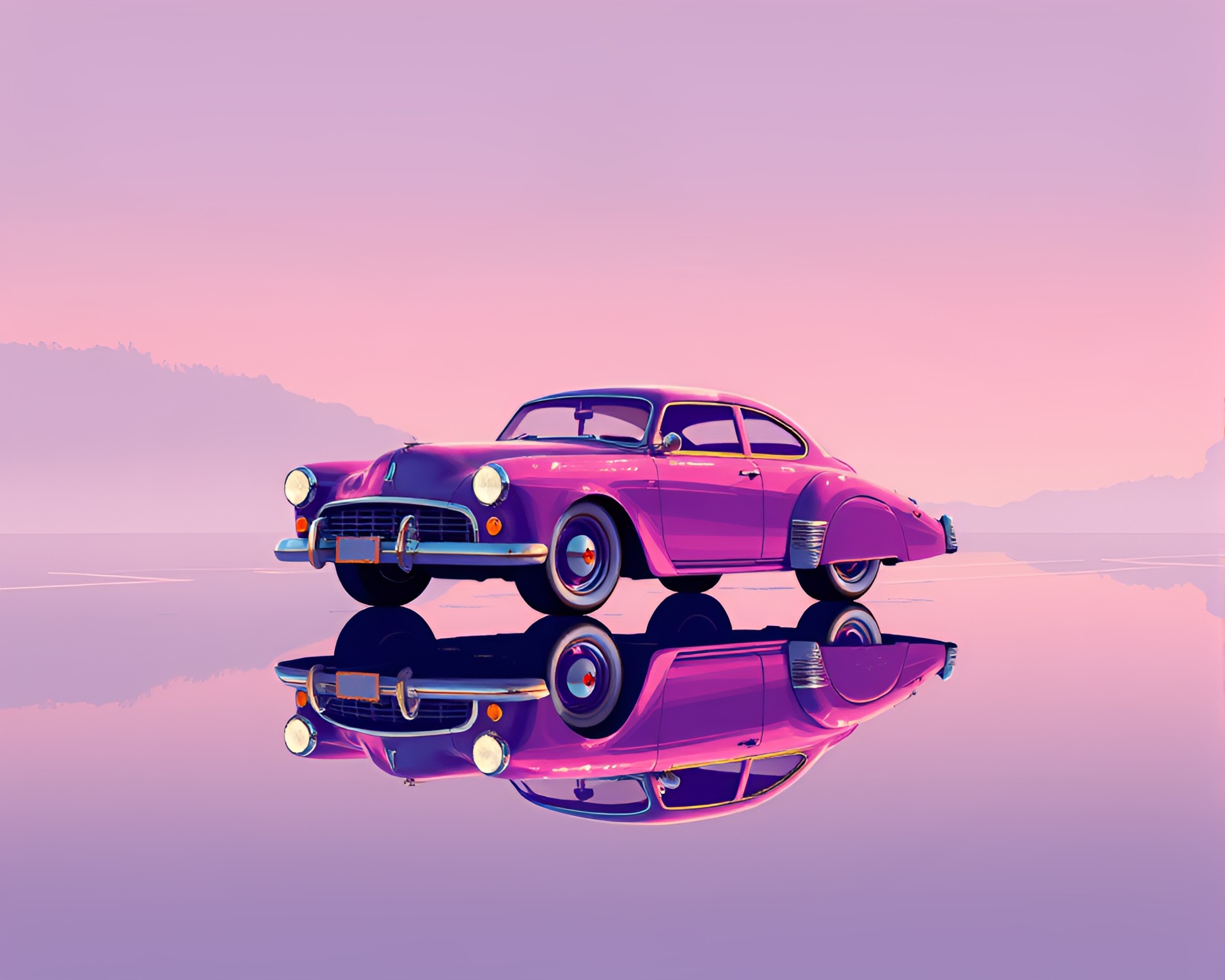 Retro Flying Car on Amethyst Reflected Surface – free AI stock image