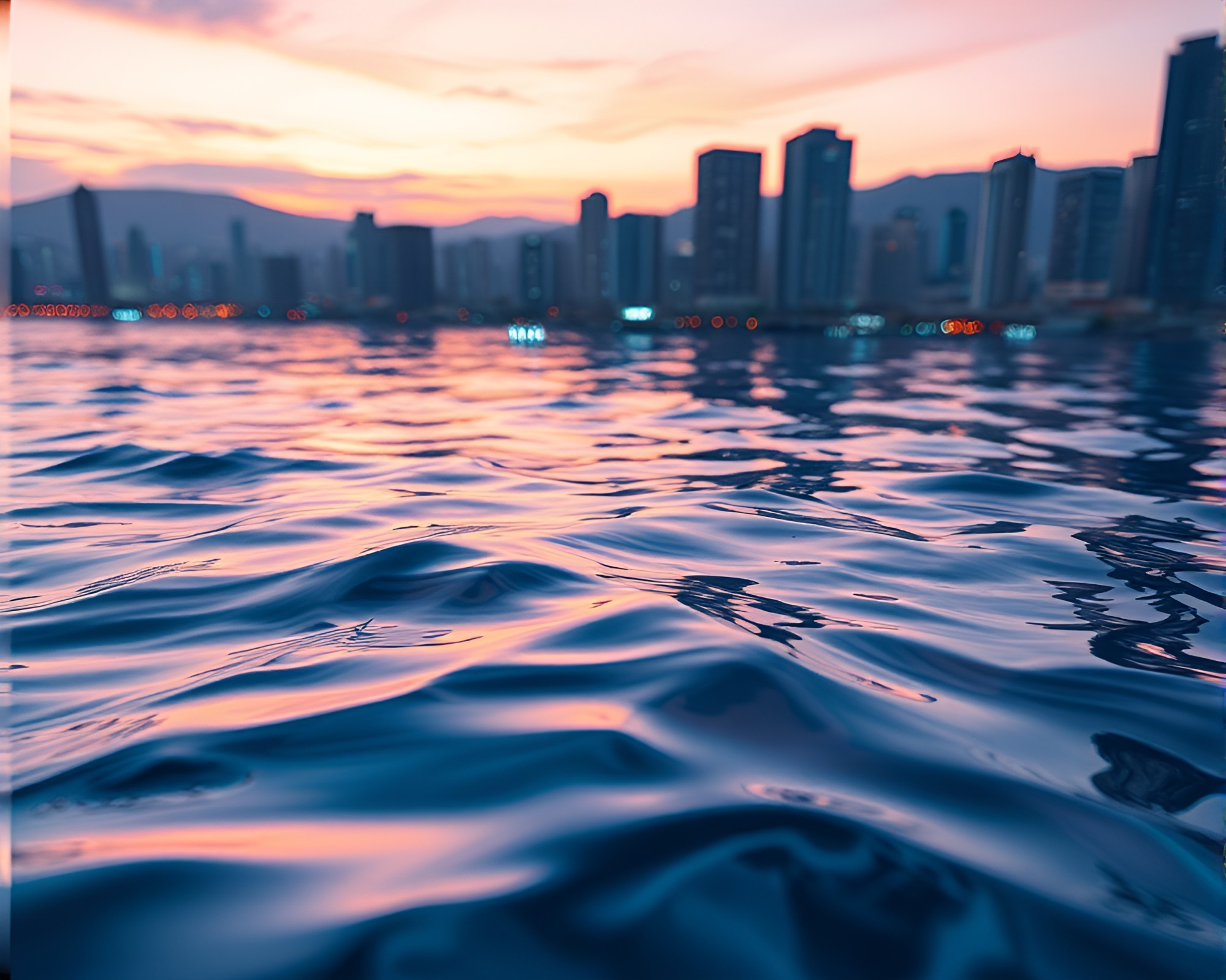 Vibrant Virtual Cityscape with Aurora Water Distortion – free AI stock image