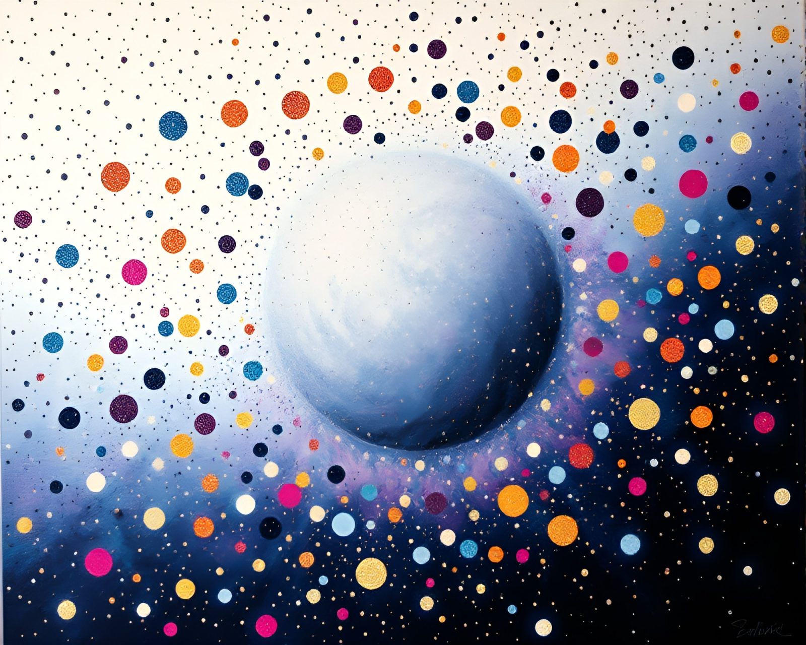 Abstract painting of swirling wormhole surrounded by sparkling dots