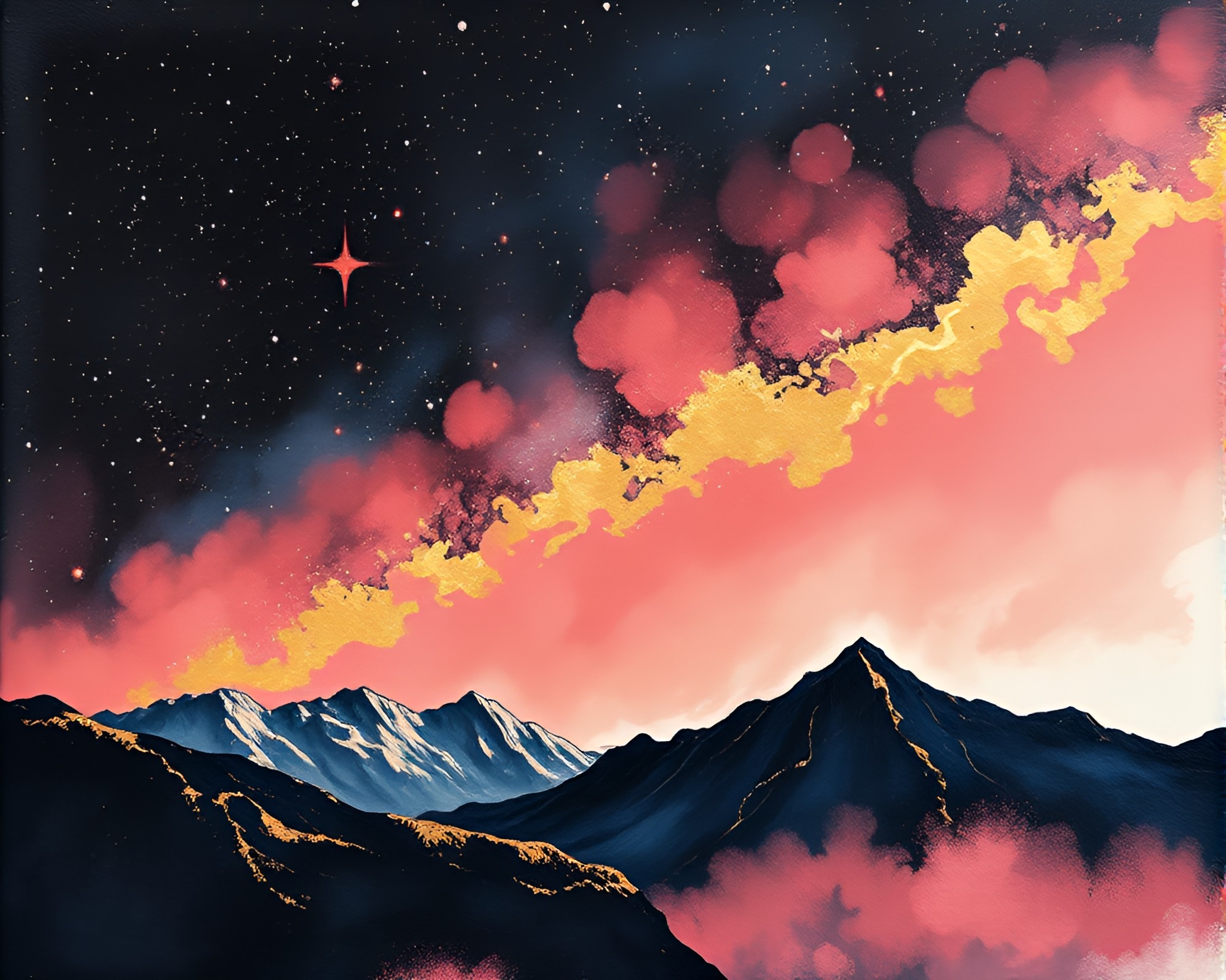 Rocket soaring through rose gold star trails in sumi-e style – free AI stock image