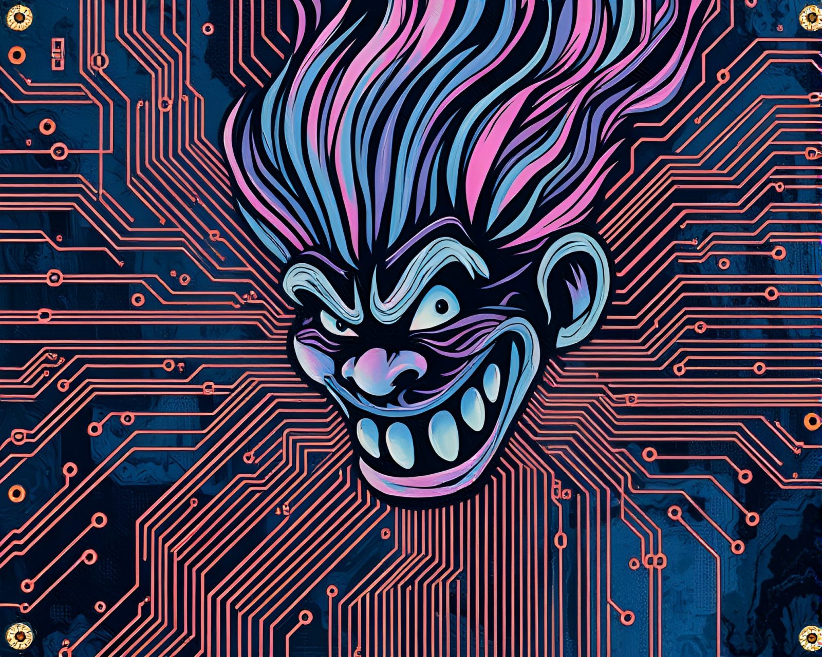 Abstract troll figure surrounded by glowing circuit board traces