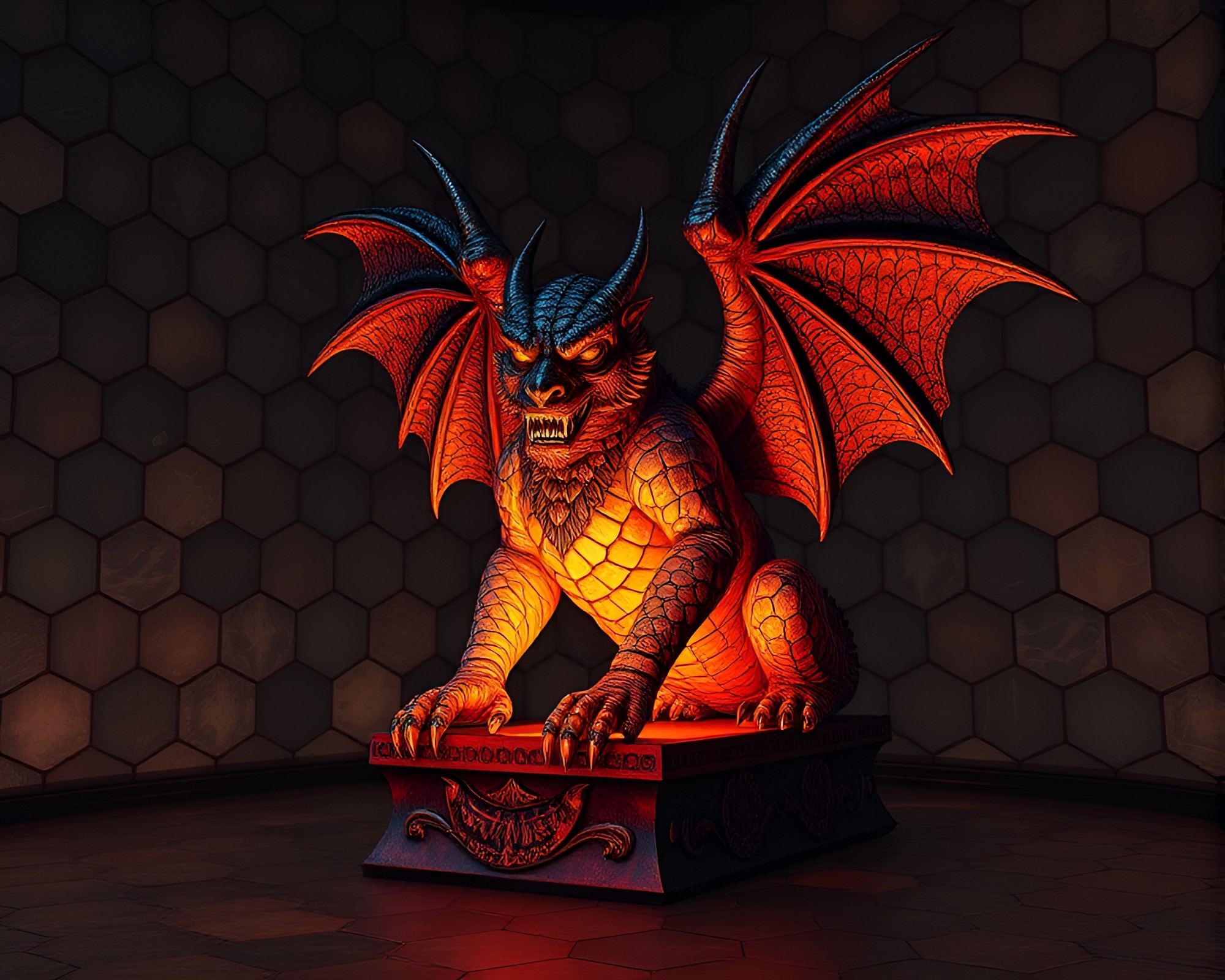 Gargoyle Statue Illuminated by Hexagonal Torchlight Glow – free AI stock image