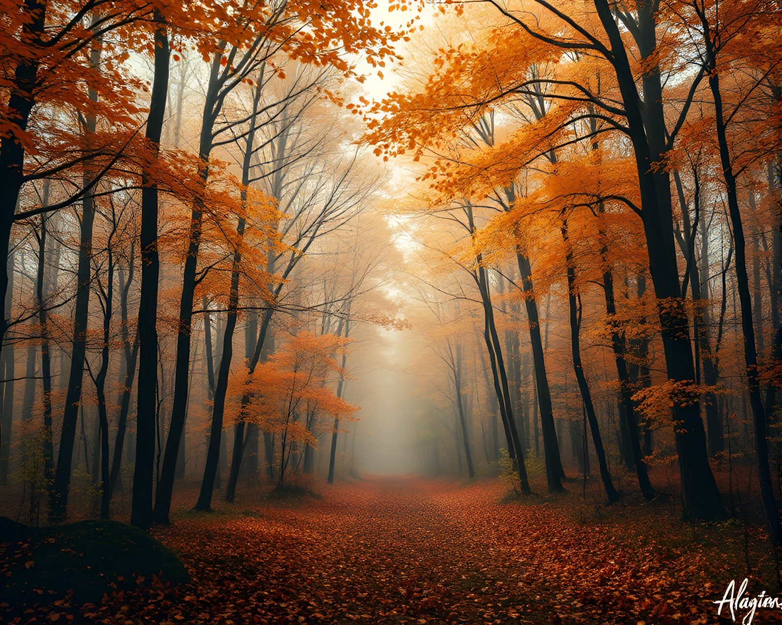 Abstract painting of autumn forest with swirling dust overlay