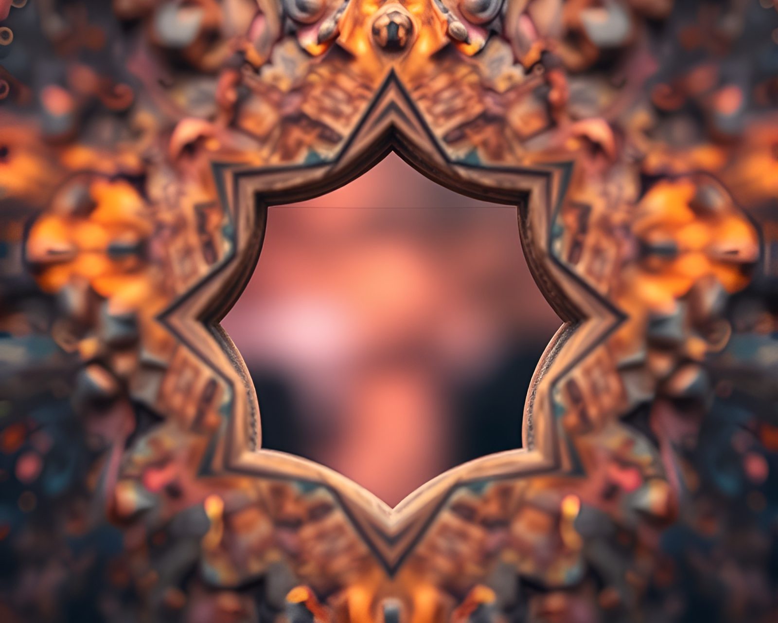 Intricate sacred geometry surrounded by holographic sheen in tilt-shift photography.