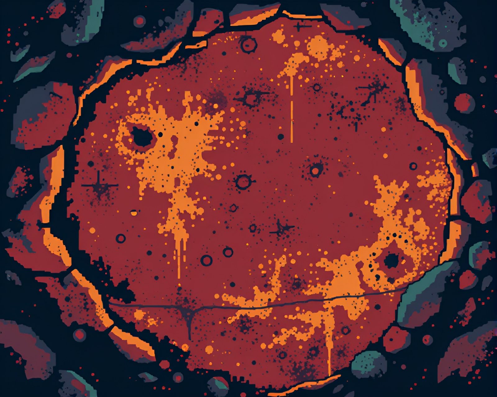 Colorful 8-bit graffiti art in a rusty patina cavern