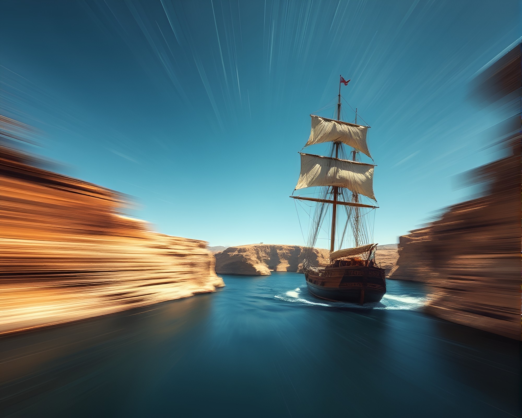Vintage sailing ship in canyon rust with motion blur – free AI stock image