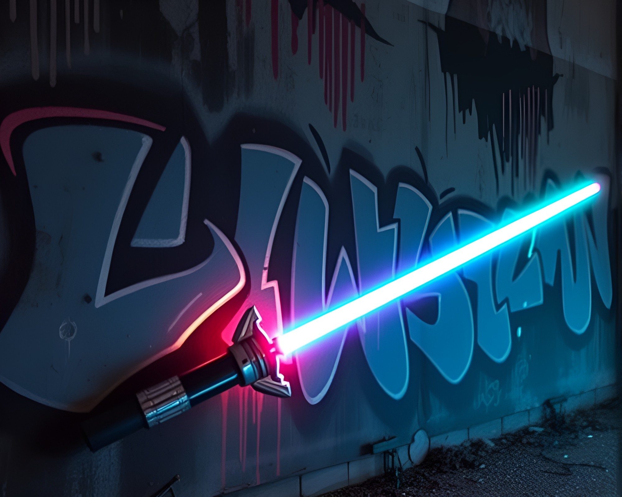 Bioluminescent Laser Sword Mural Graffiti Vignette – free AI stock image