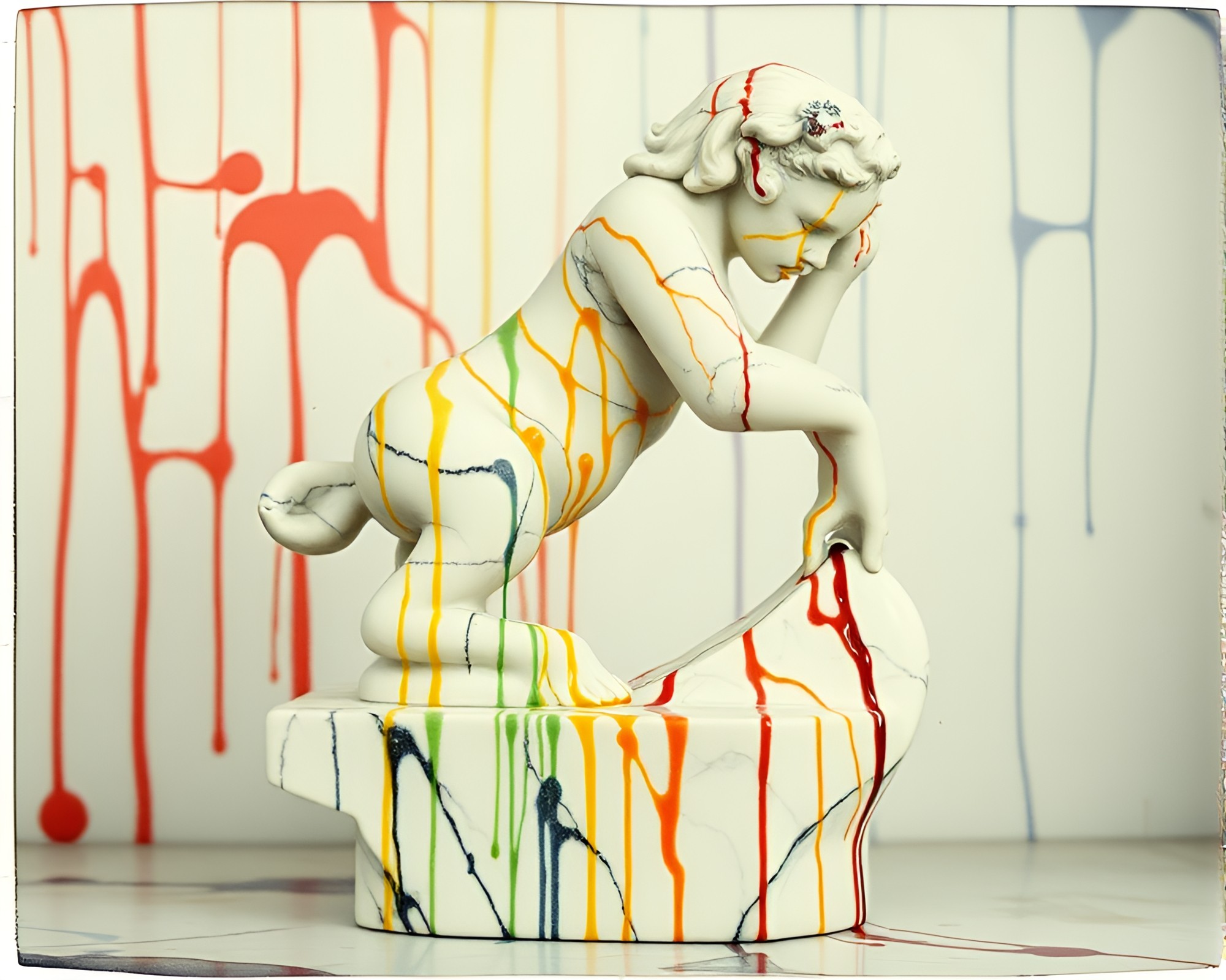 Vintage Marble Statue with Dripped Paint Details – free AI stock image