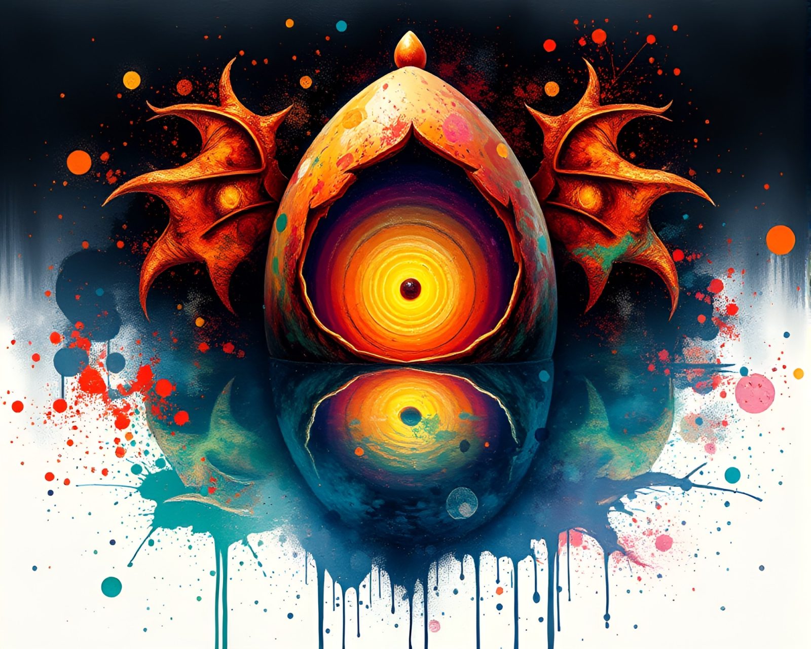 Dragon egg reflecting in vibrant fractal paint splatter palette