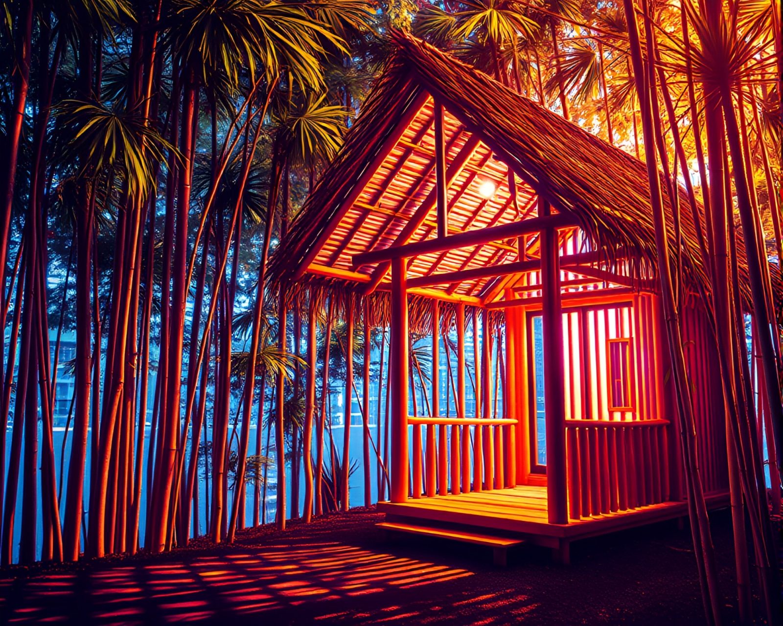 Surreal bamboo hut with op art holographic sheen.