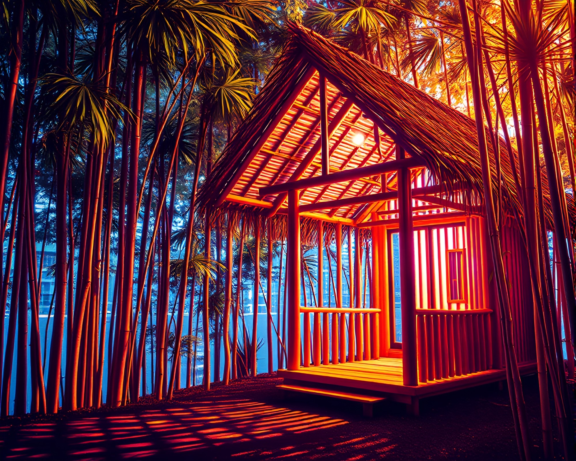 Holographic Op Art Bamboo Hut Tilted Composition – free AI stock image