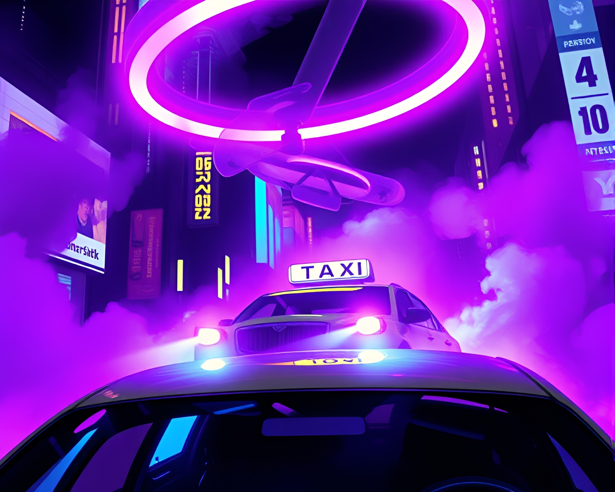 Cyberpunk Hover Taxi Eclipse in Ultraviolet Smoke Rings – free AI stock image