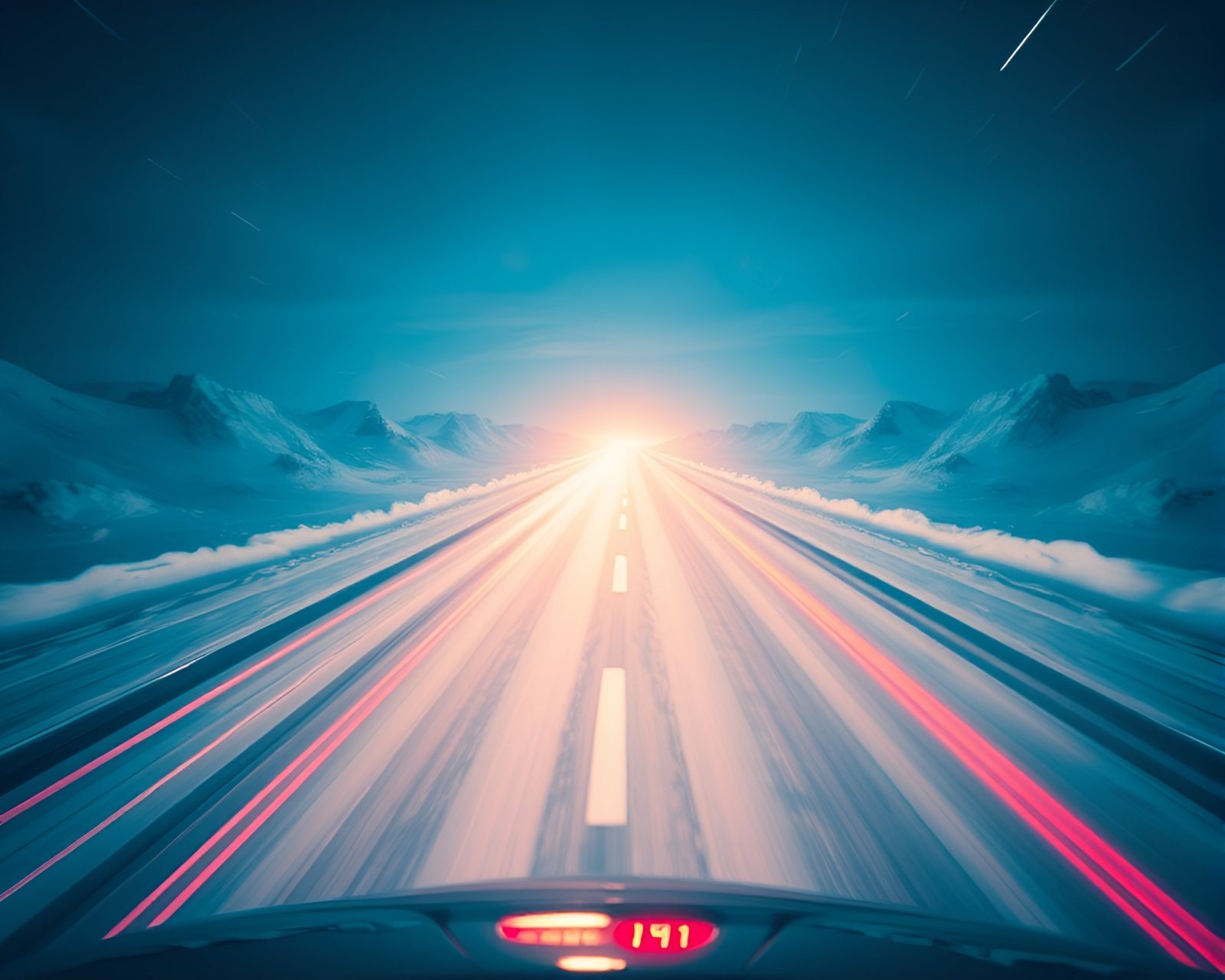 Icy whiteout scene with 3D vinyl record and car lights