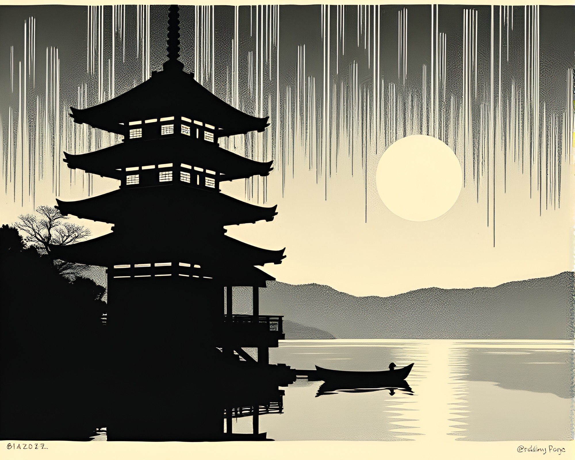 Silhouetted Pagoda amidst Reflective Waters – free AI stock image