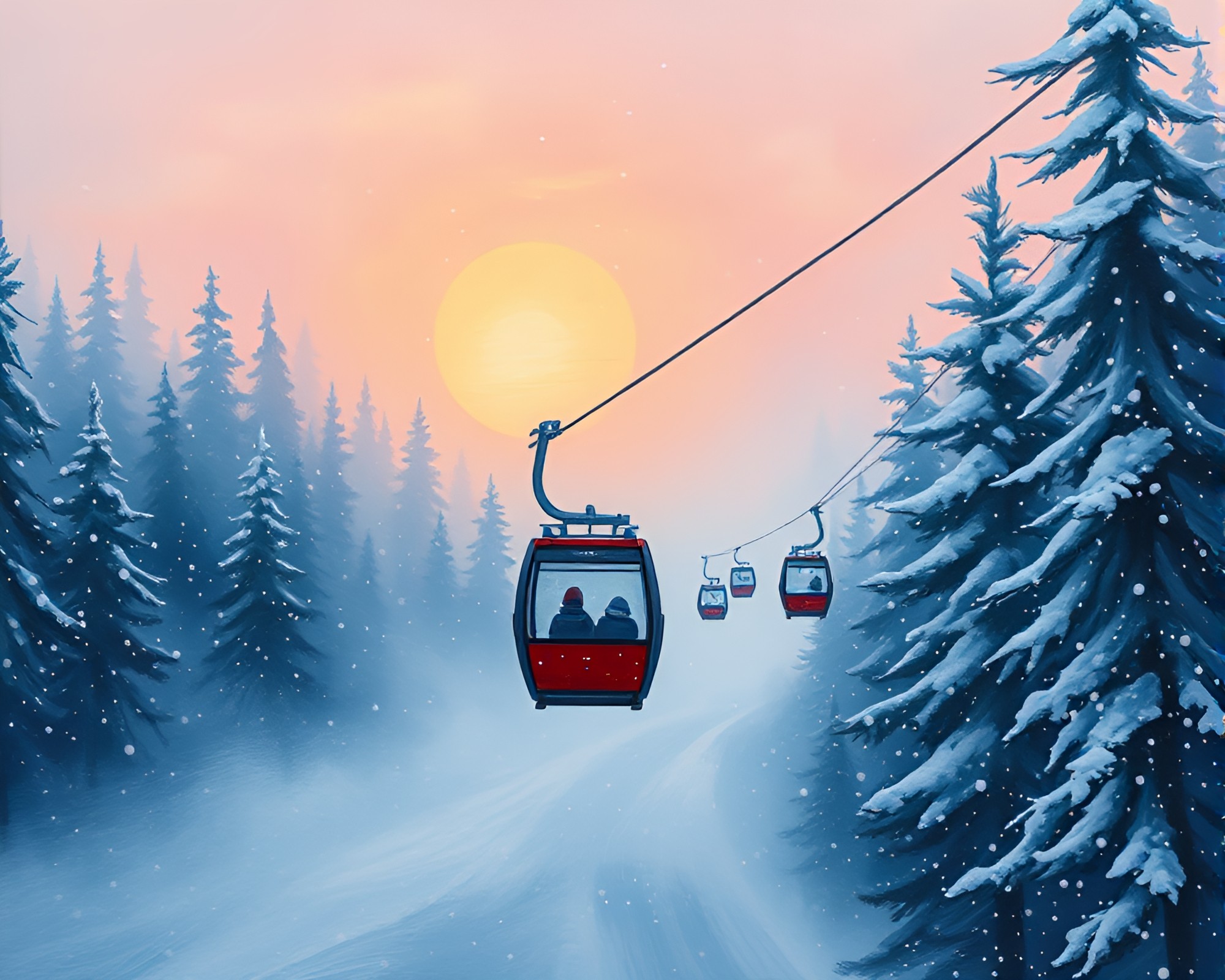 Gondola Lift Amidst Snowflakes at Dawn Mist – free AI stock image