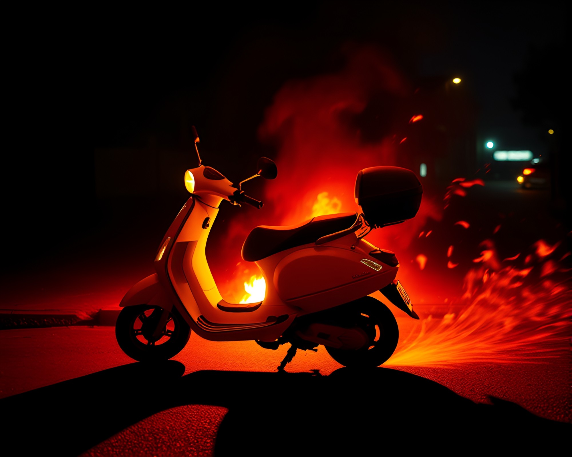 Stenciled Shadows Illuminate Electric Scooter at Bonfire – free AI stock image