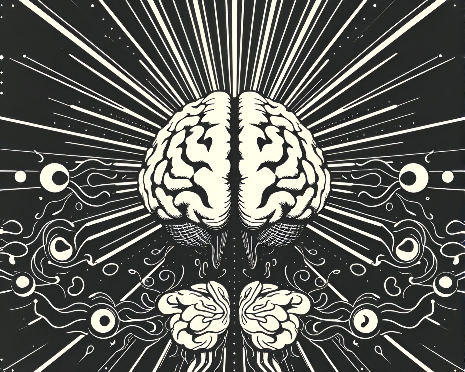 A digital AI brain mirrored in a linocut print