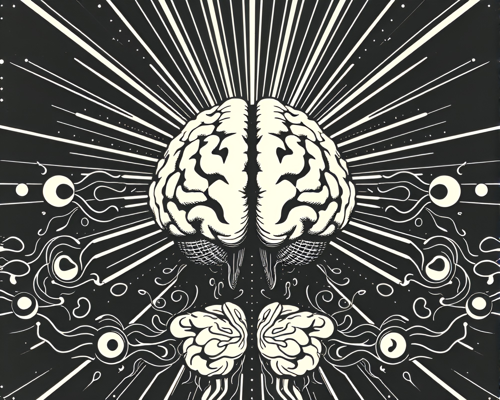 Sunbeam Symmetry: AI Brain Linocut Reflection – free AI stock image