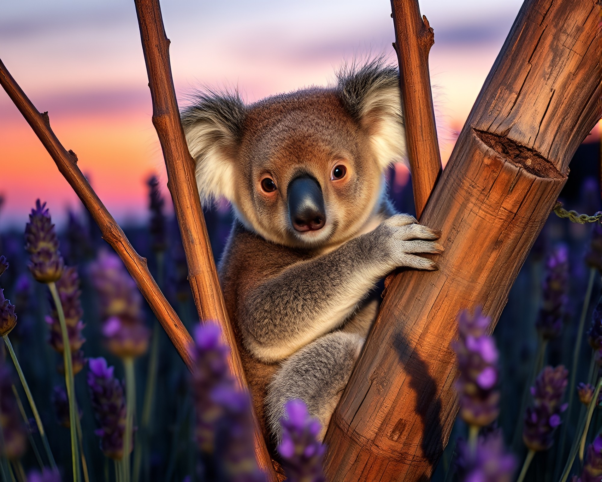 Koala in Lavender Twilight with Wood Grain Double Exposure – free AI stock image