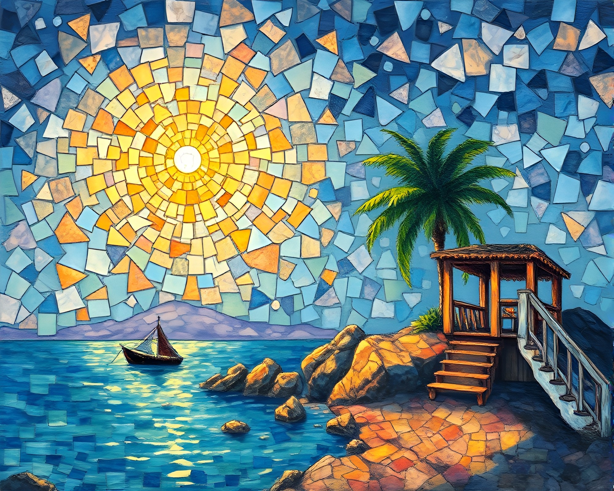 Fragmented Island Mosaic Bathed in Porchlight Warmth – free AI stock image