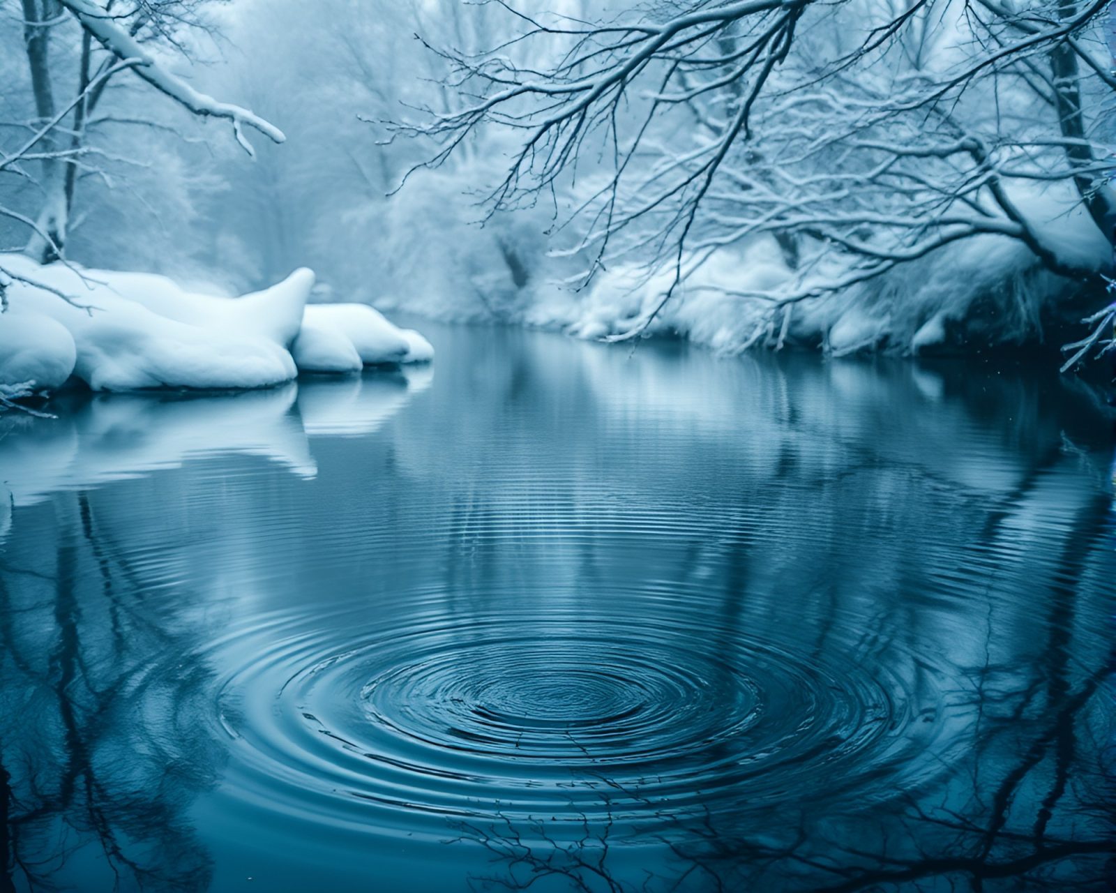 Mystical aura glows over icy water ripples in winter