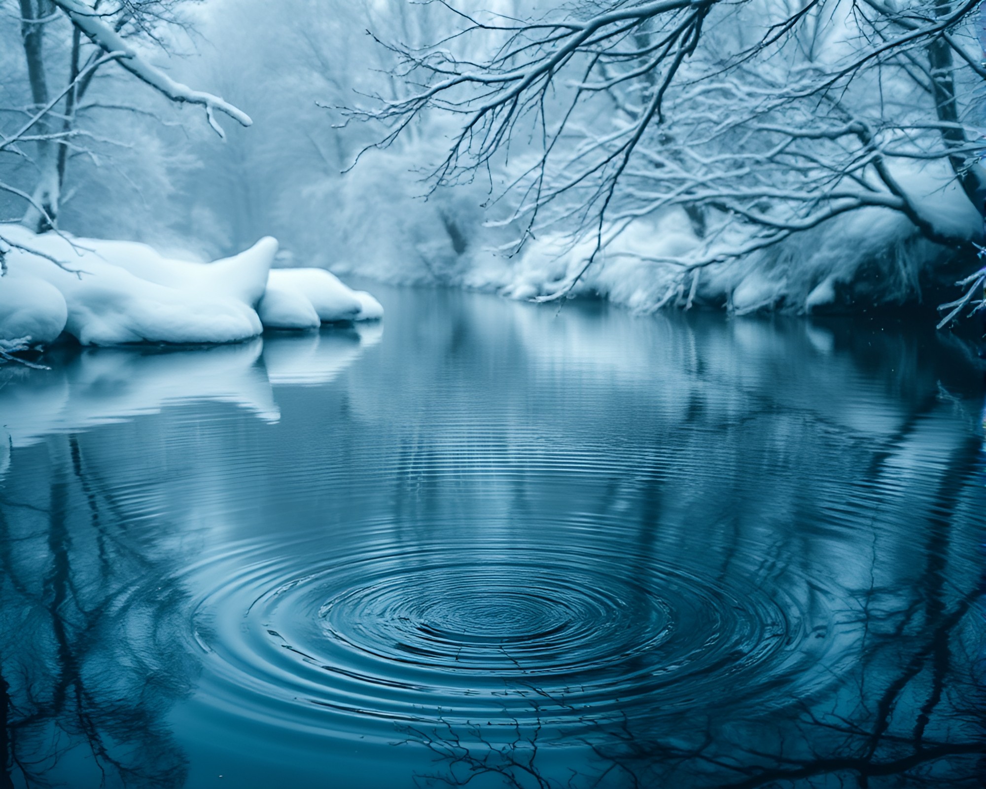 Winter Sorcery: Reflection Ripples in Frozen Contours – free AI stock image