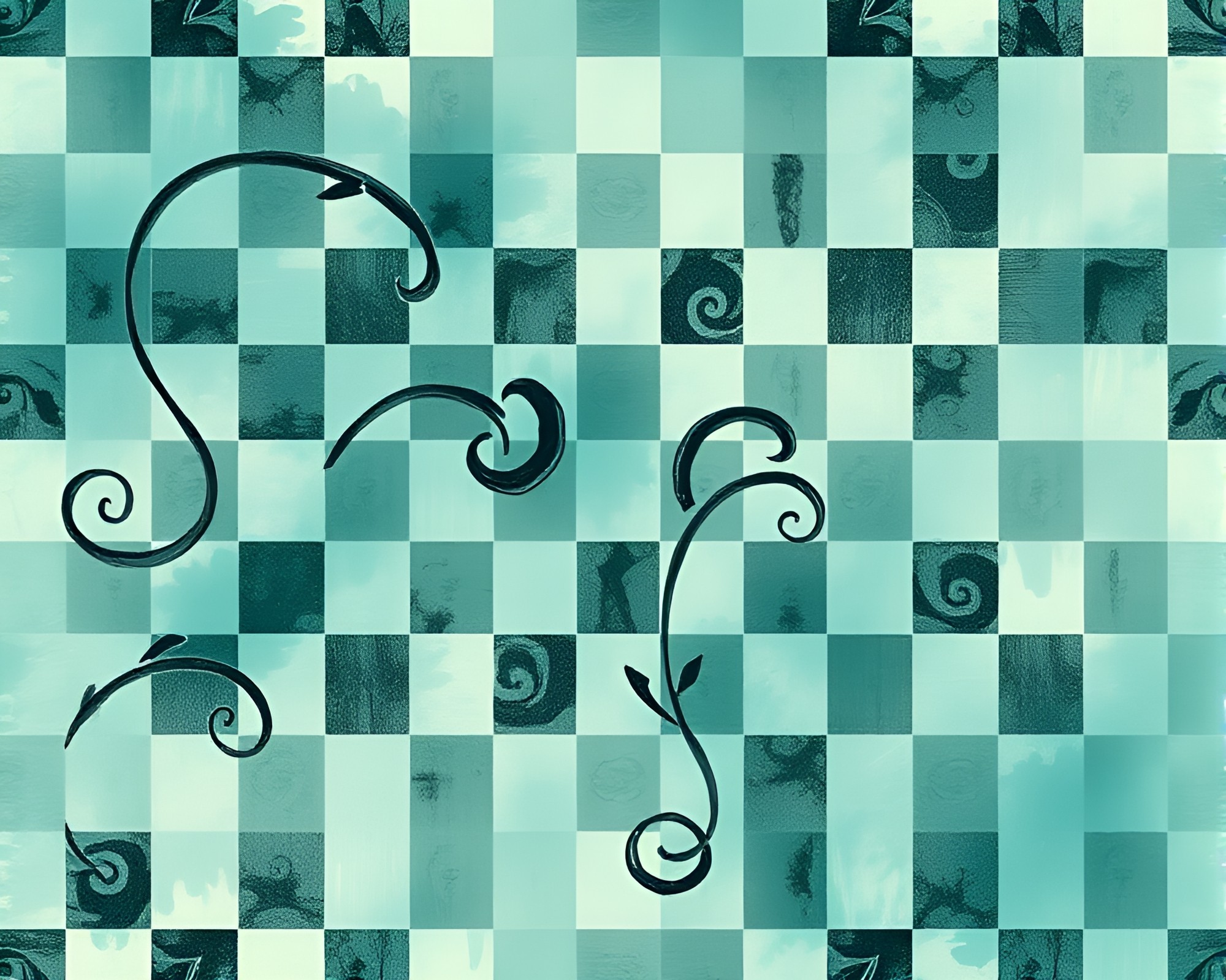 Teal Serenity: Ancient Scroll Checkered Pattern Sumi-e Artwork – free AI stock image