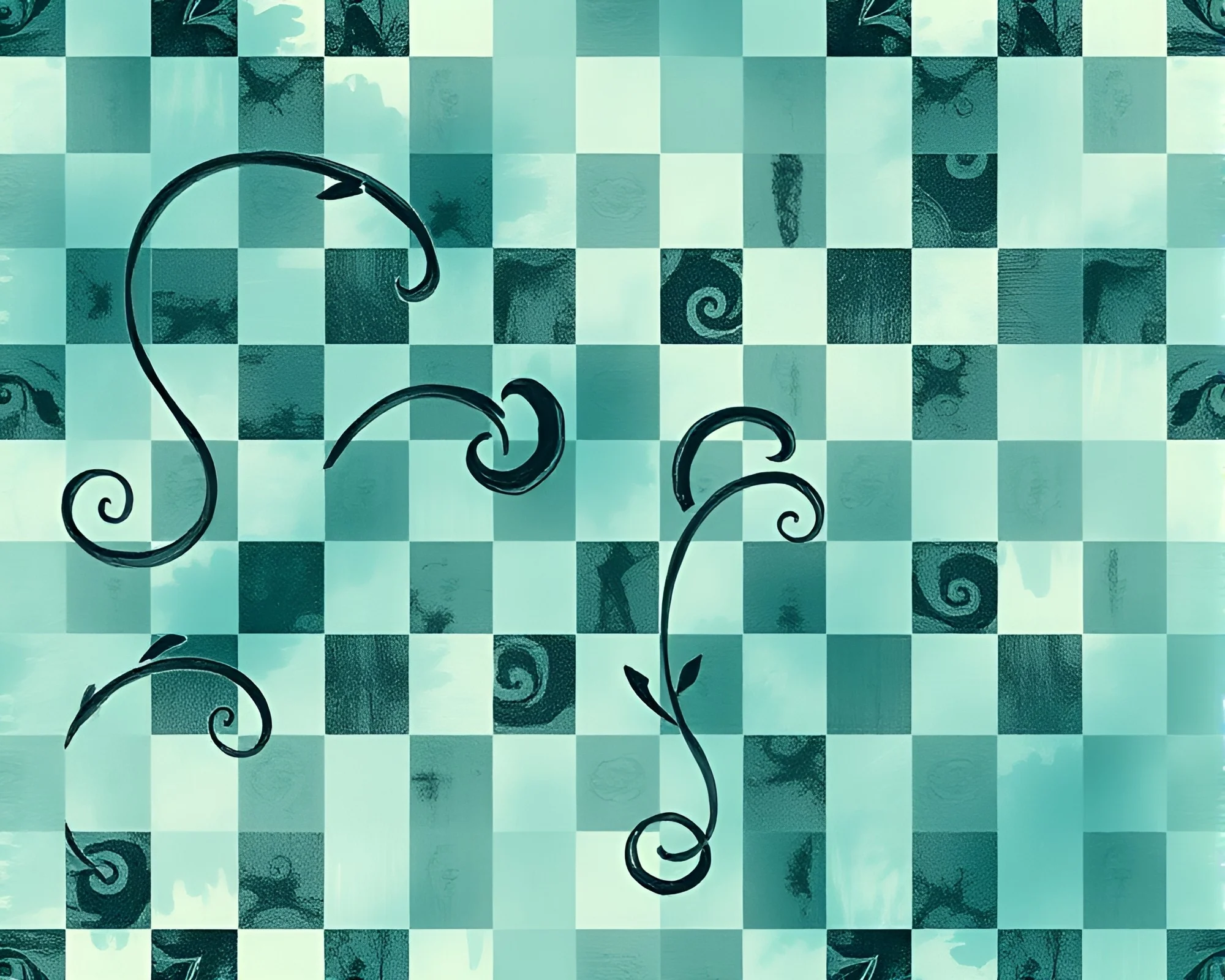 Teal Serenity: Ancient Scroll Checkered Pattern Sumi-e Artwork
