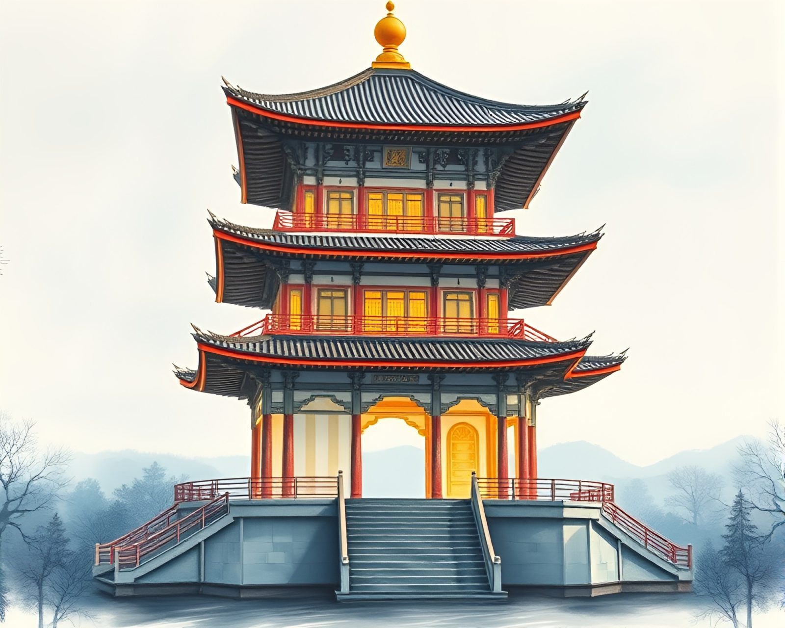 Dreamy pastel drawing of a glowing Pagoda at night