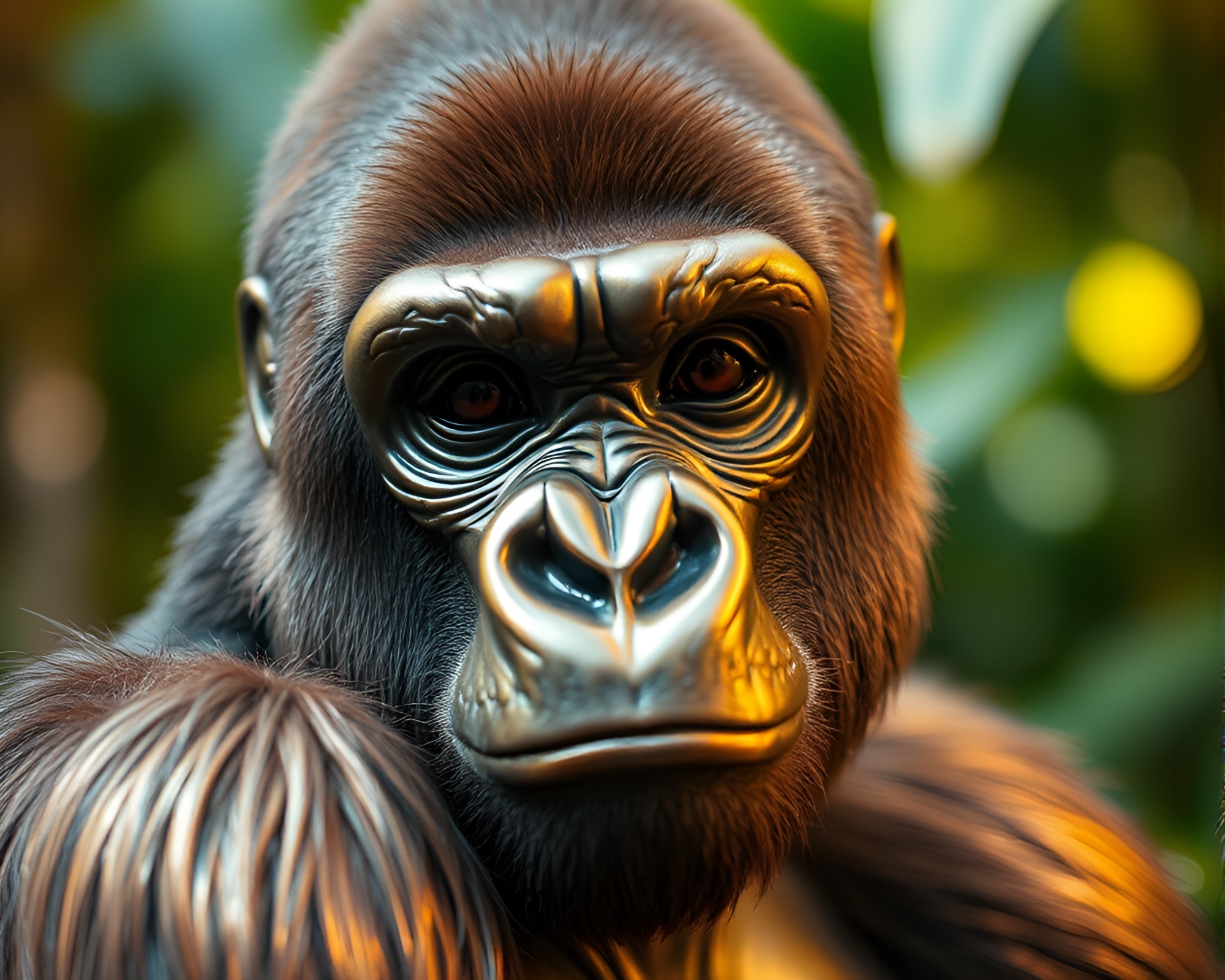 Gorilla King in Iridescent Bronze Patina Jungle – free AI stock image
