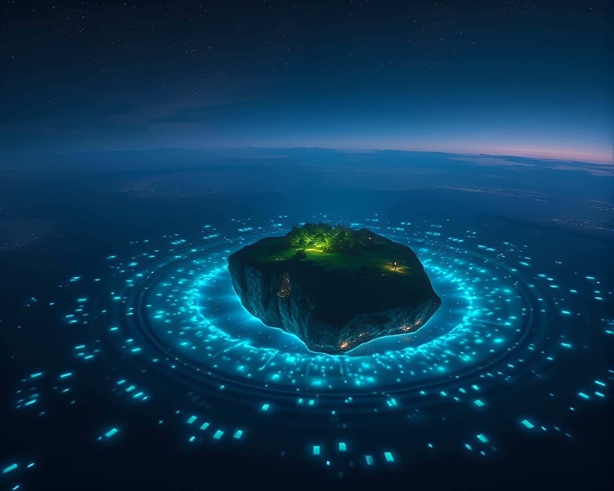Bioluminescent Floating Island with Spiral Composition – free AI stock image