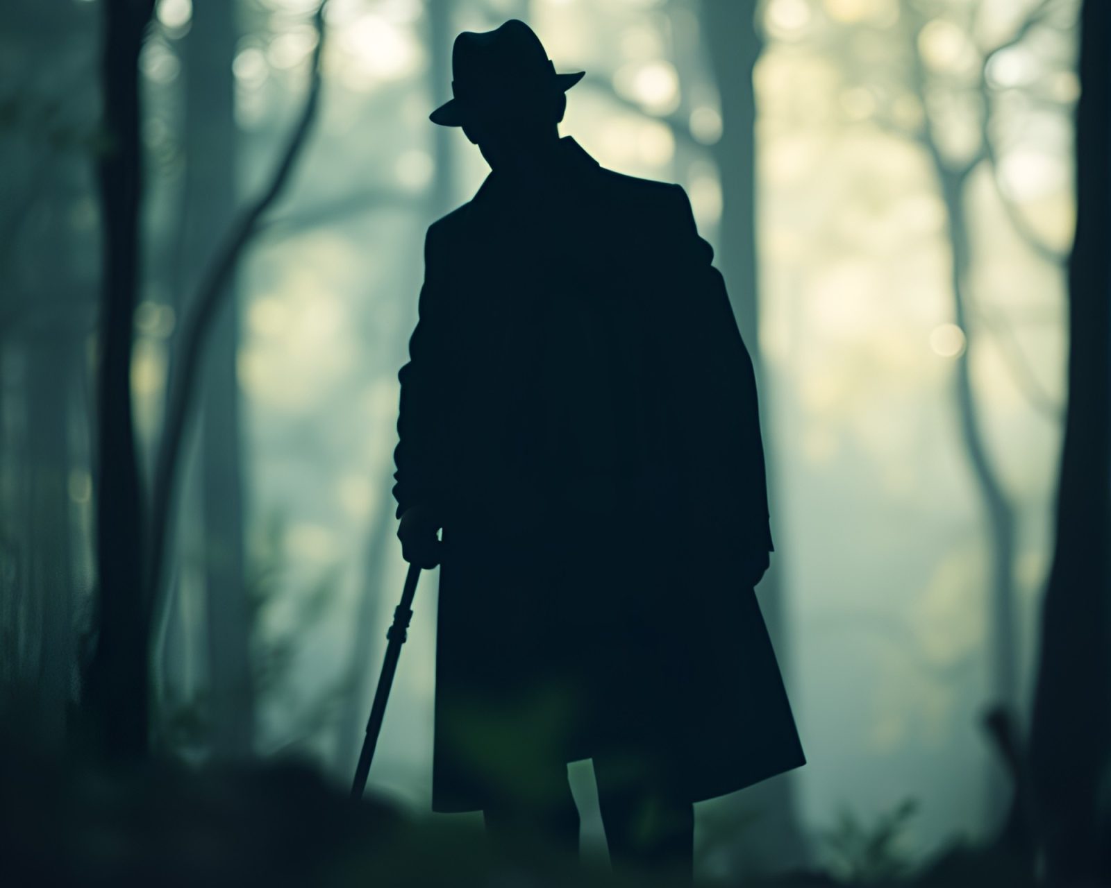 Silhouette of Sherlock Holmes in dreamy forest setting