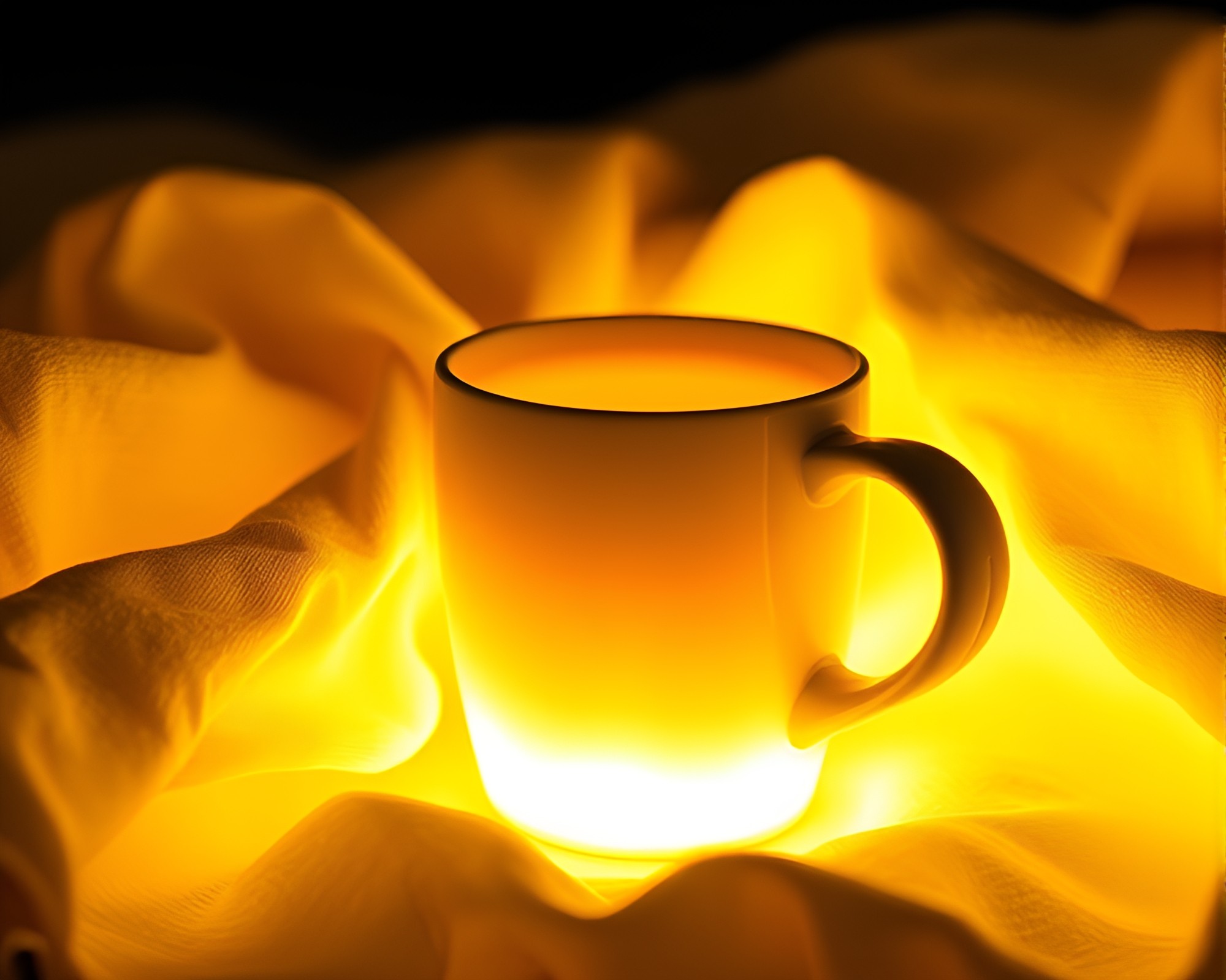 Surreal Glow: Coffee Cup in Fabric Folds – free AI stock image