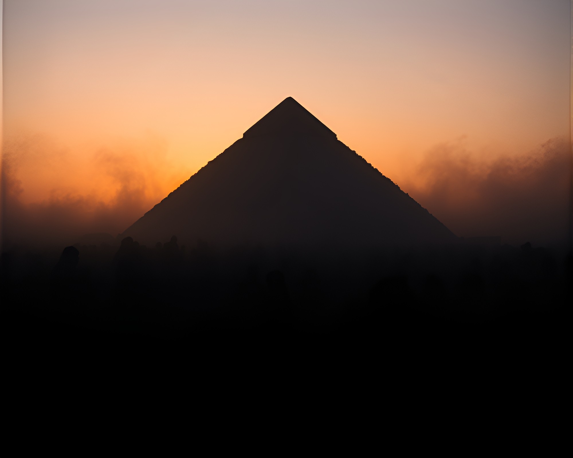 Dawn Mist Pyramid Silhouette Crowd Gathering – free AI stock image