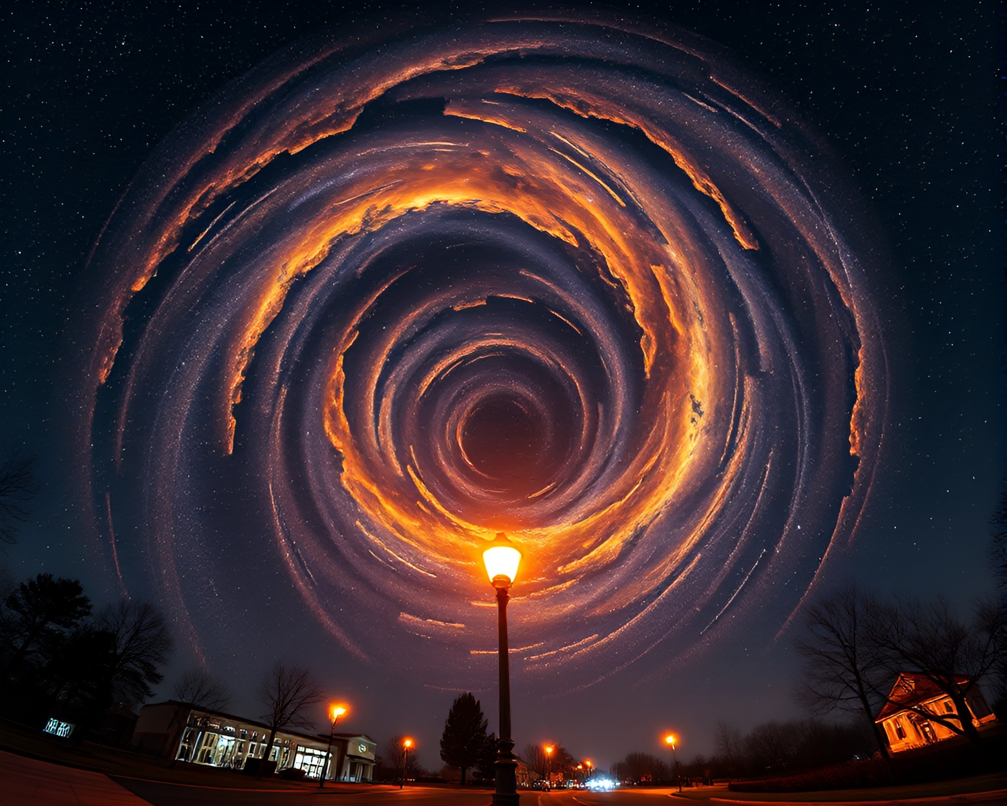 Golden Spiral Portal in Streetlamp Glow – free AI stock image