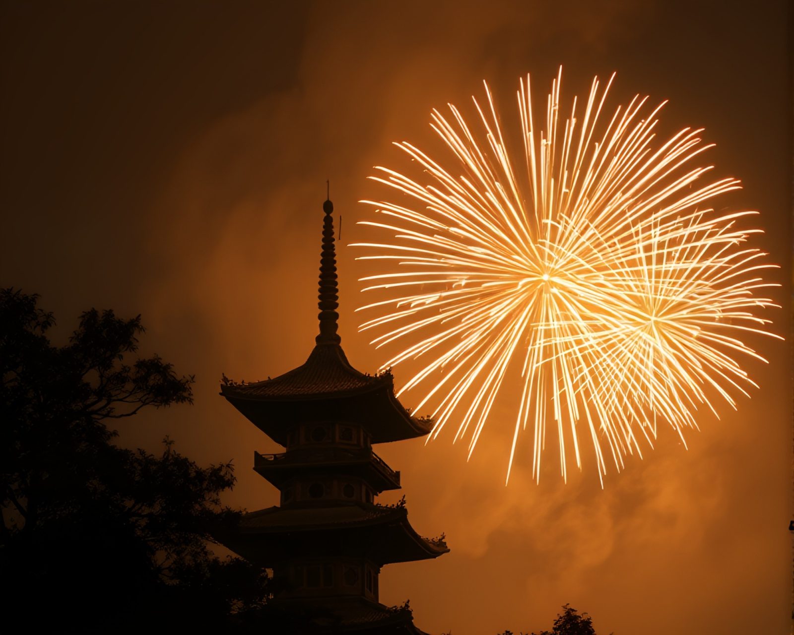 Sepia-toned image of a pagoda with olive fireworks in the sky