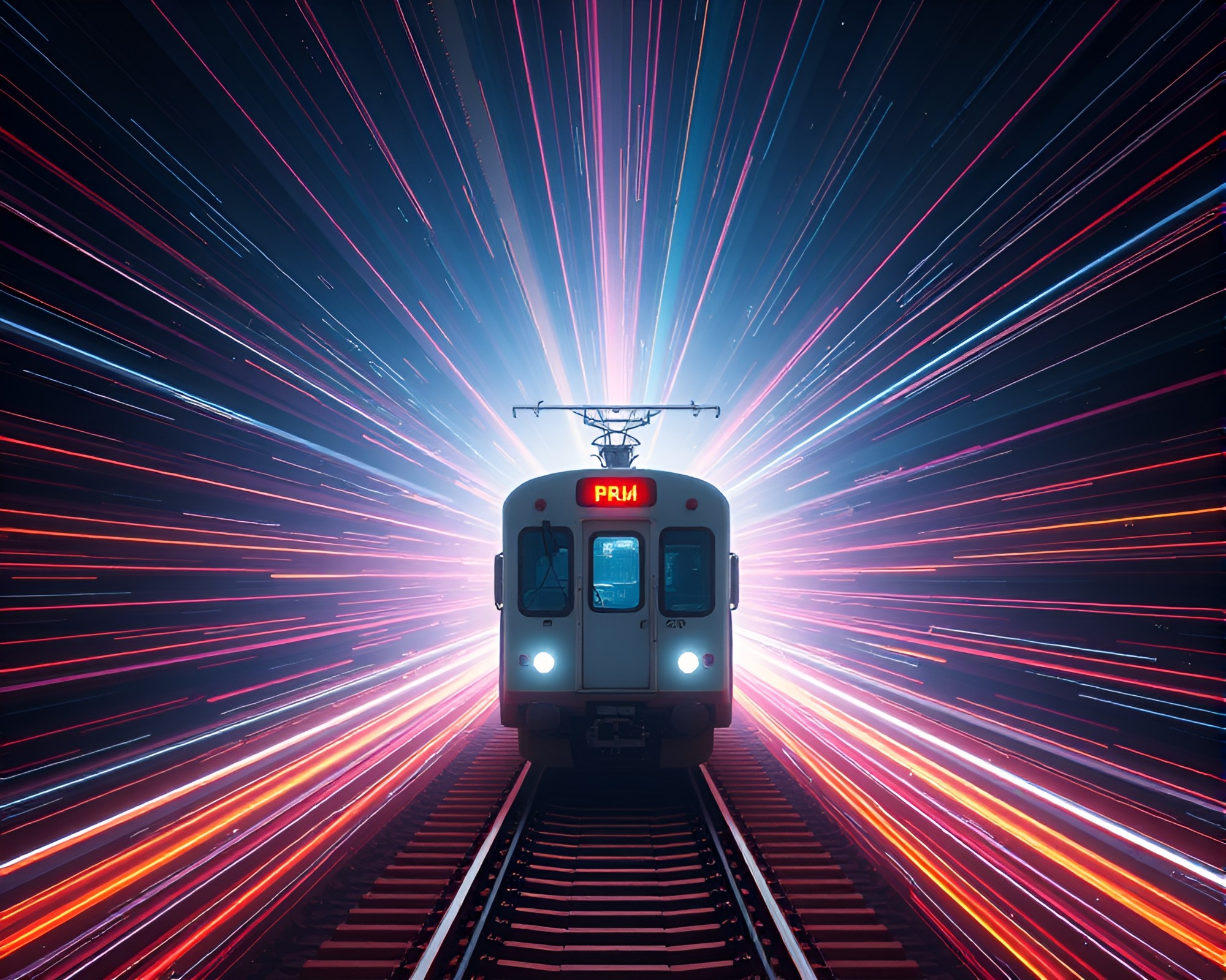 Quantum Train Light Trails in God Rays – free AI stock image