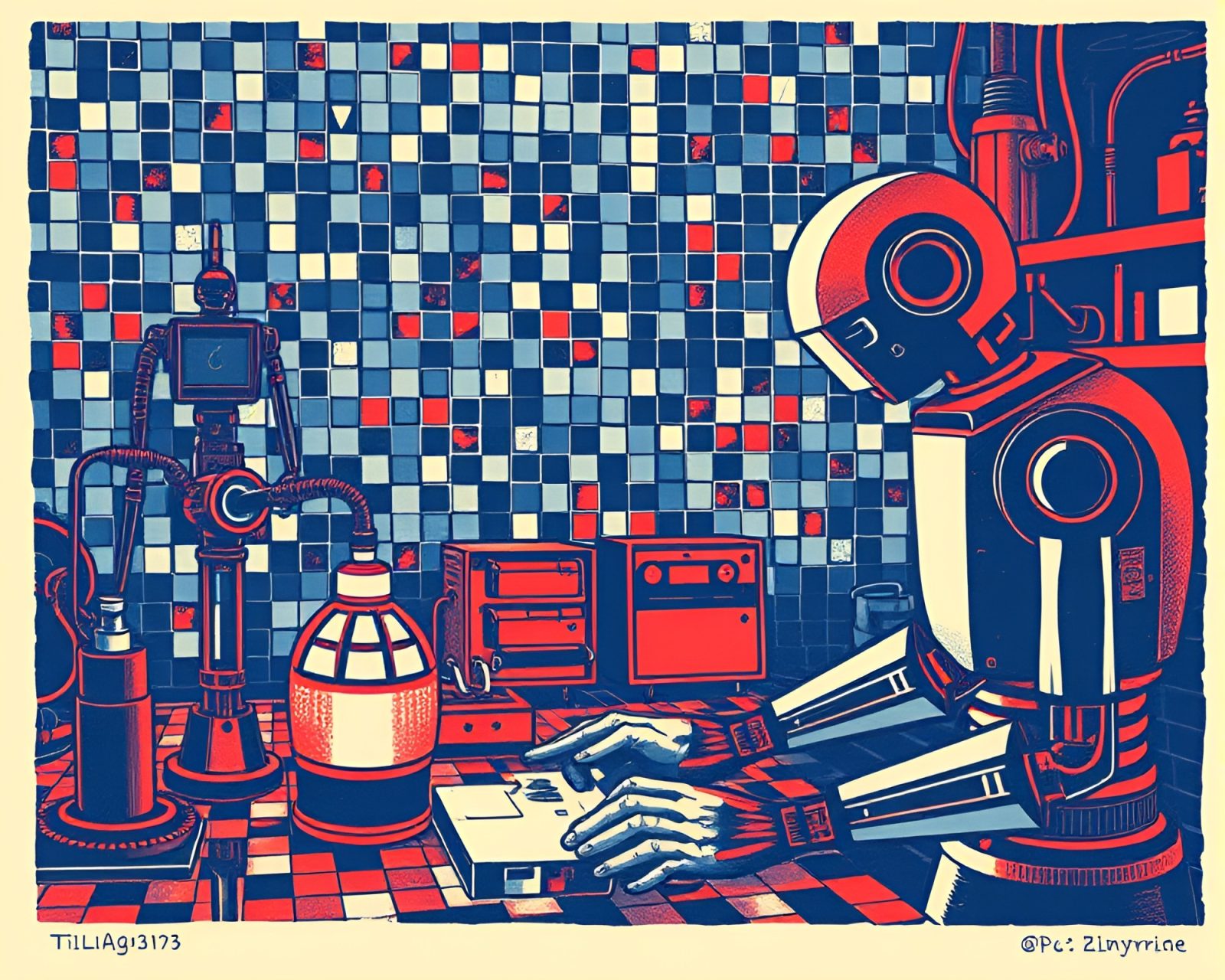 Detailed woodcut print of a robotics lab with red-blue lighting